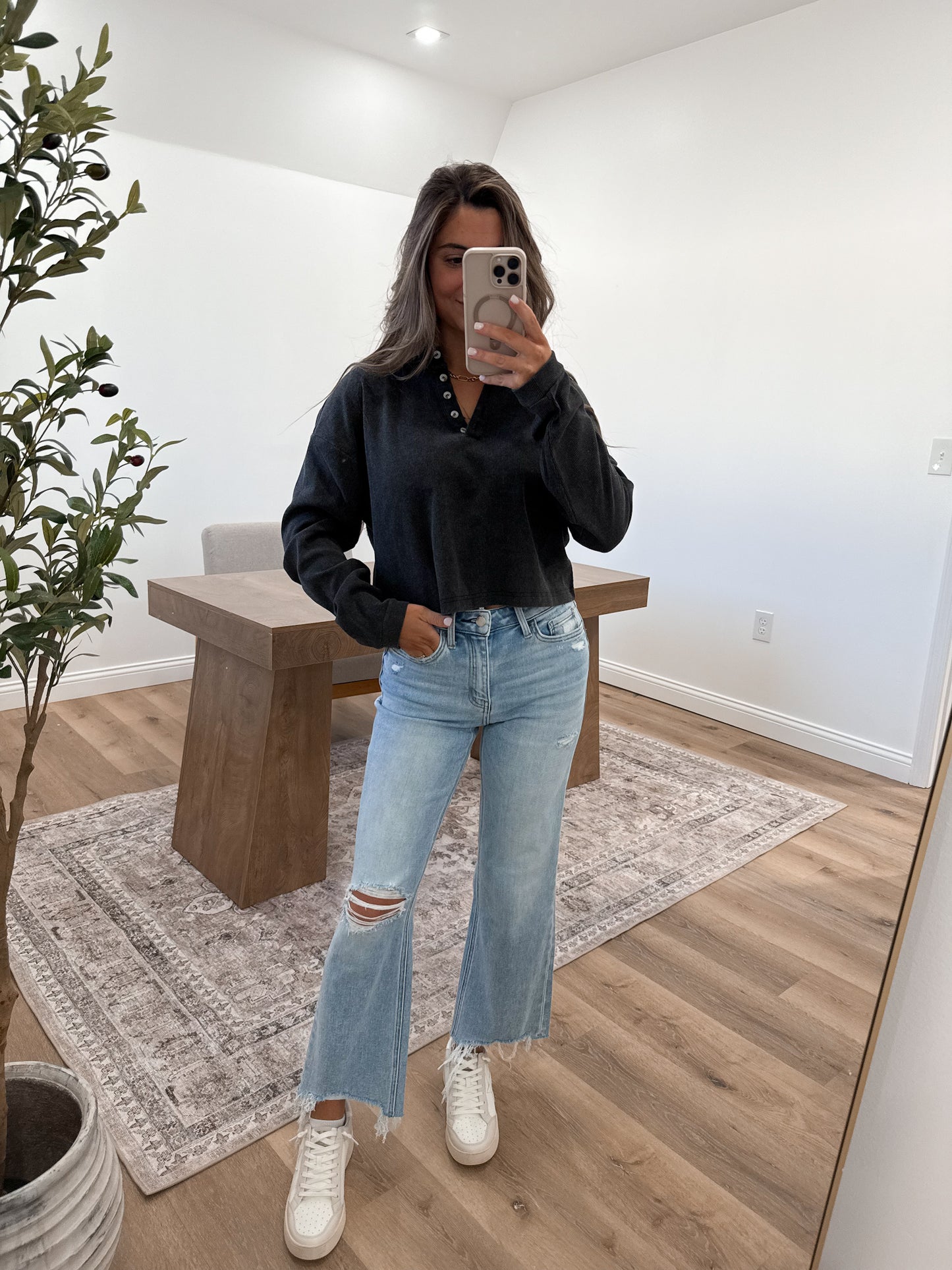 Mineral Washed Long-Sleeve Henley Top - Black