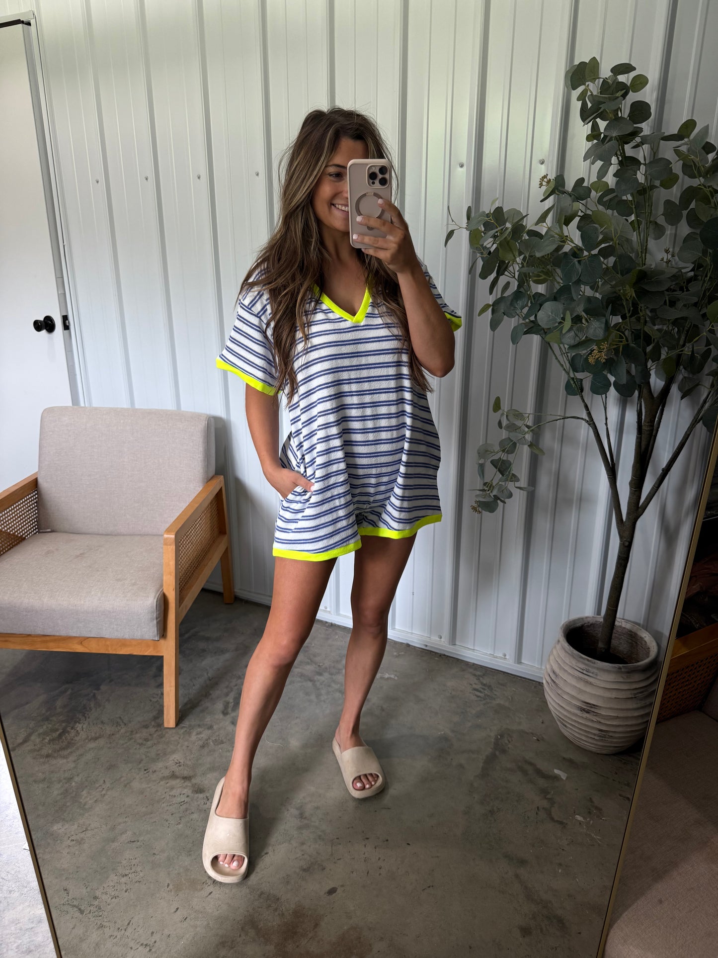 By the pool romper- Blue striped/Neon RESTOCK