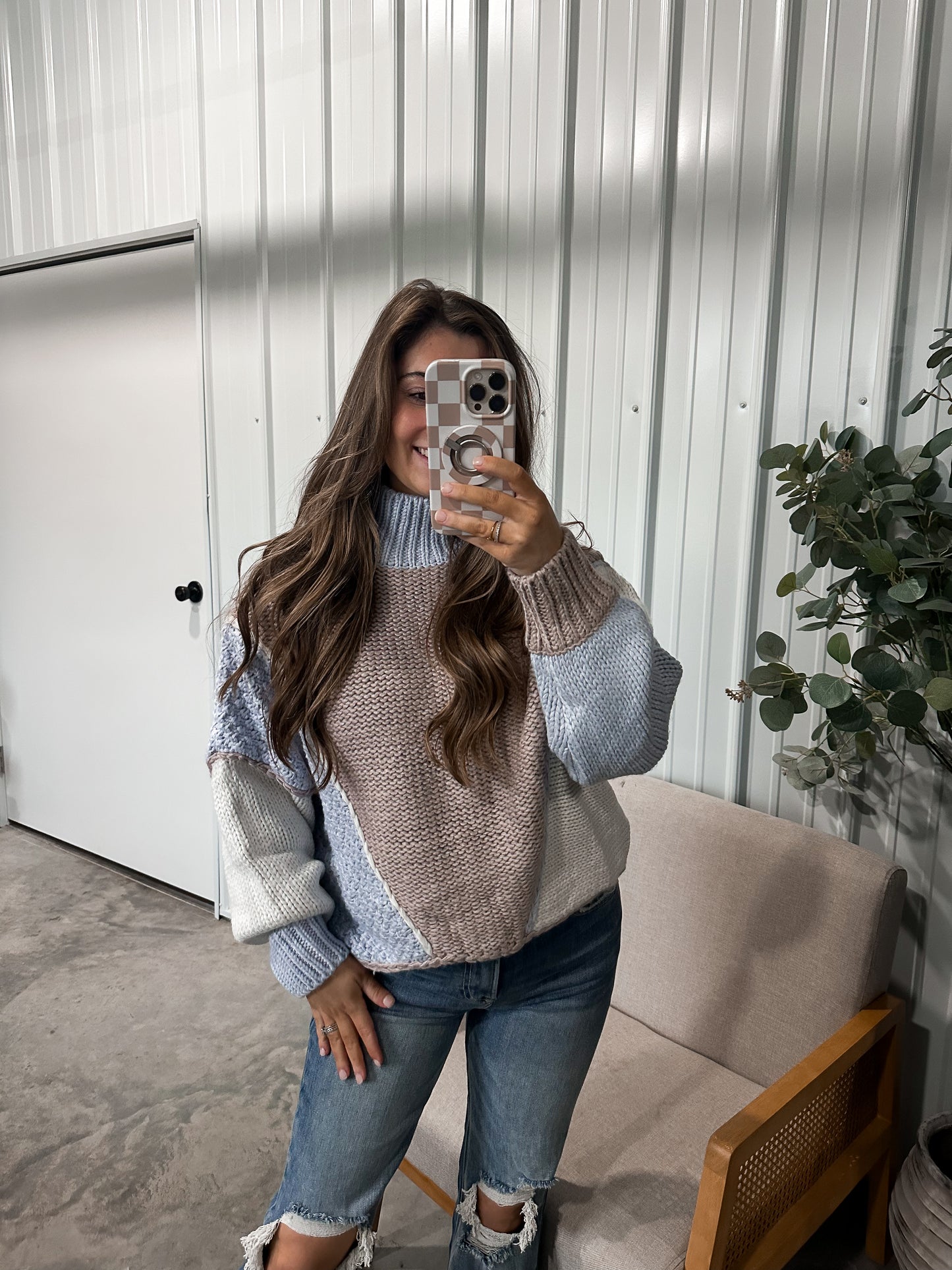 Trinity Turtleneck Color Block Sweater- Ivory/Multi