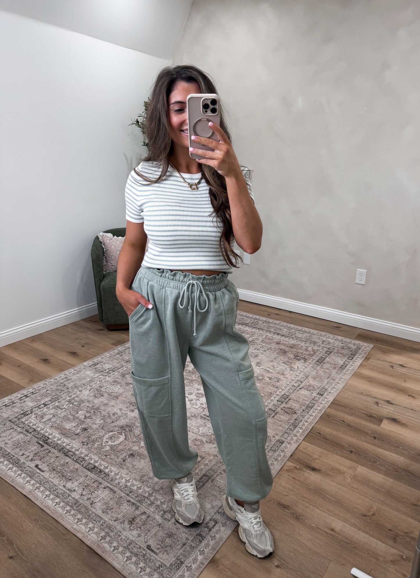 The Rori Ruffle Waist Burnout Joggers - sage green