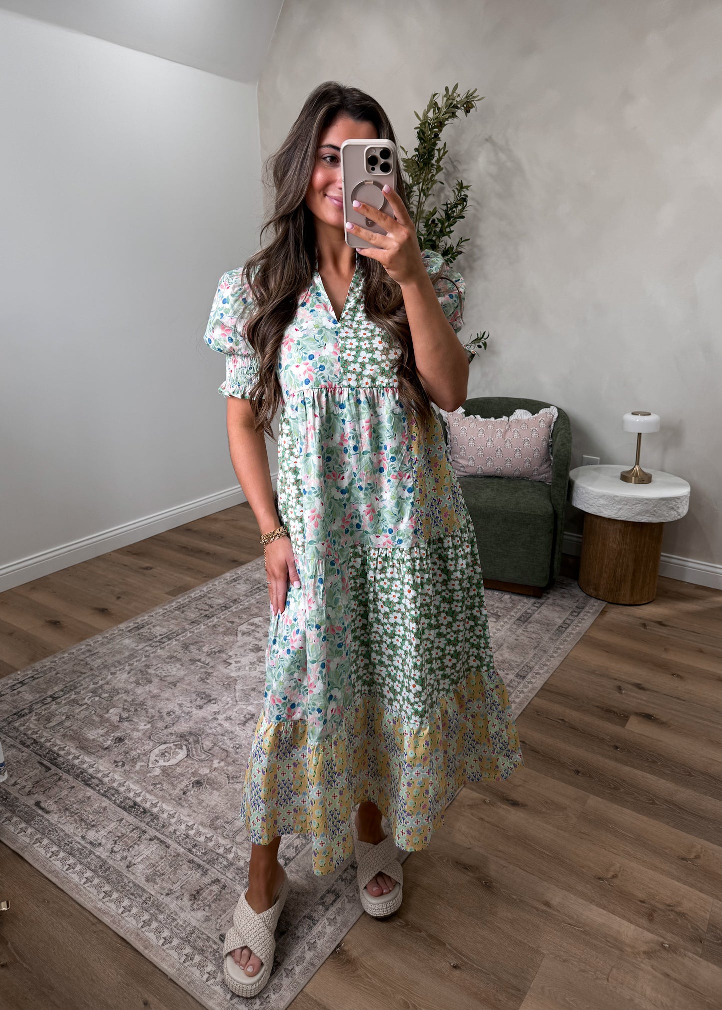 Festive Floral Tiered V-neck Midi - green mix