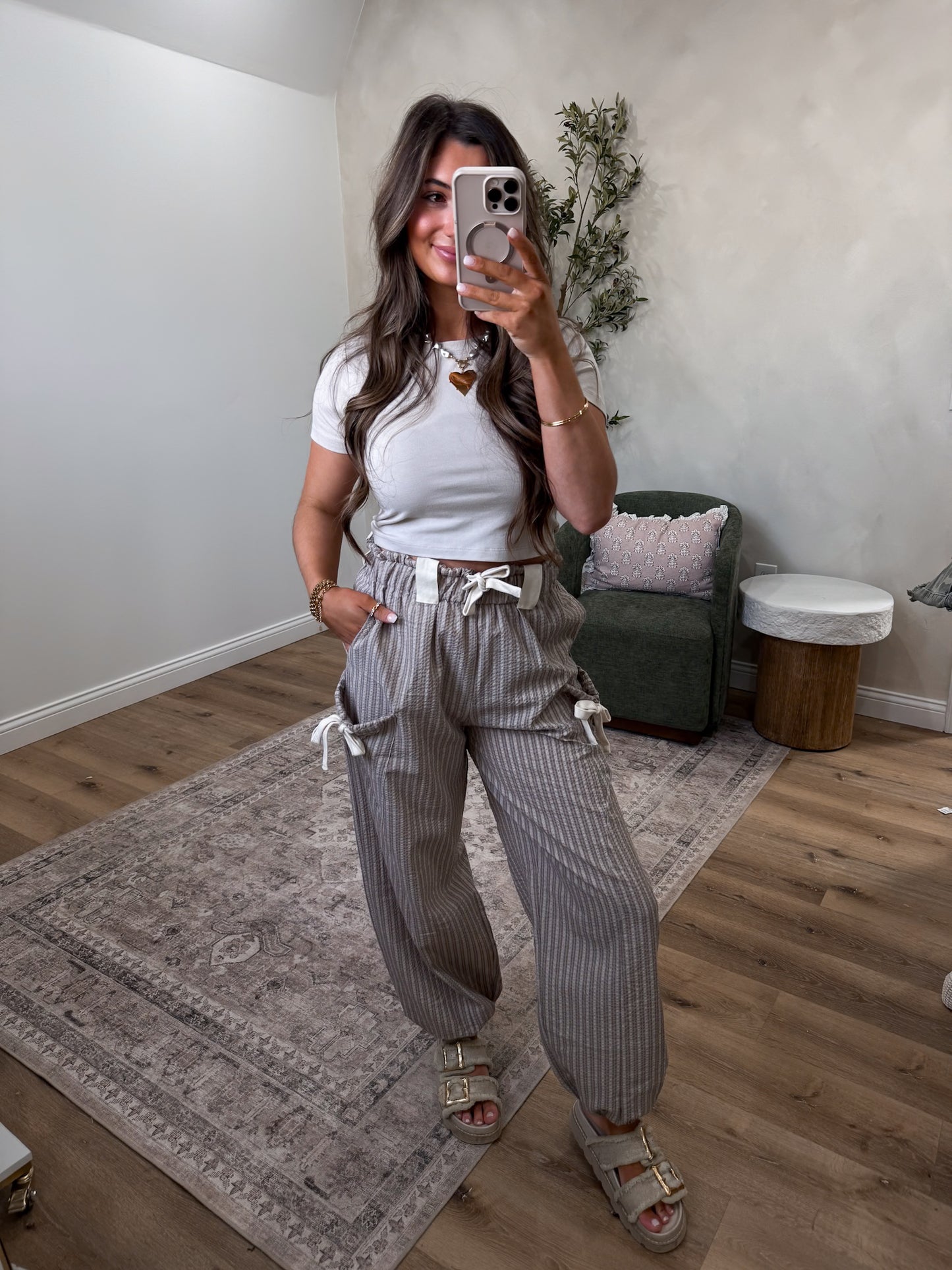 Baylynn Bow Detail Striped Pants - taupe/white