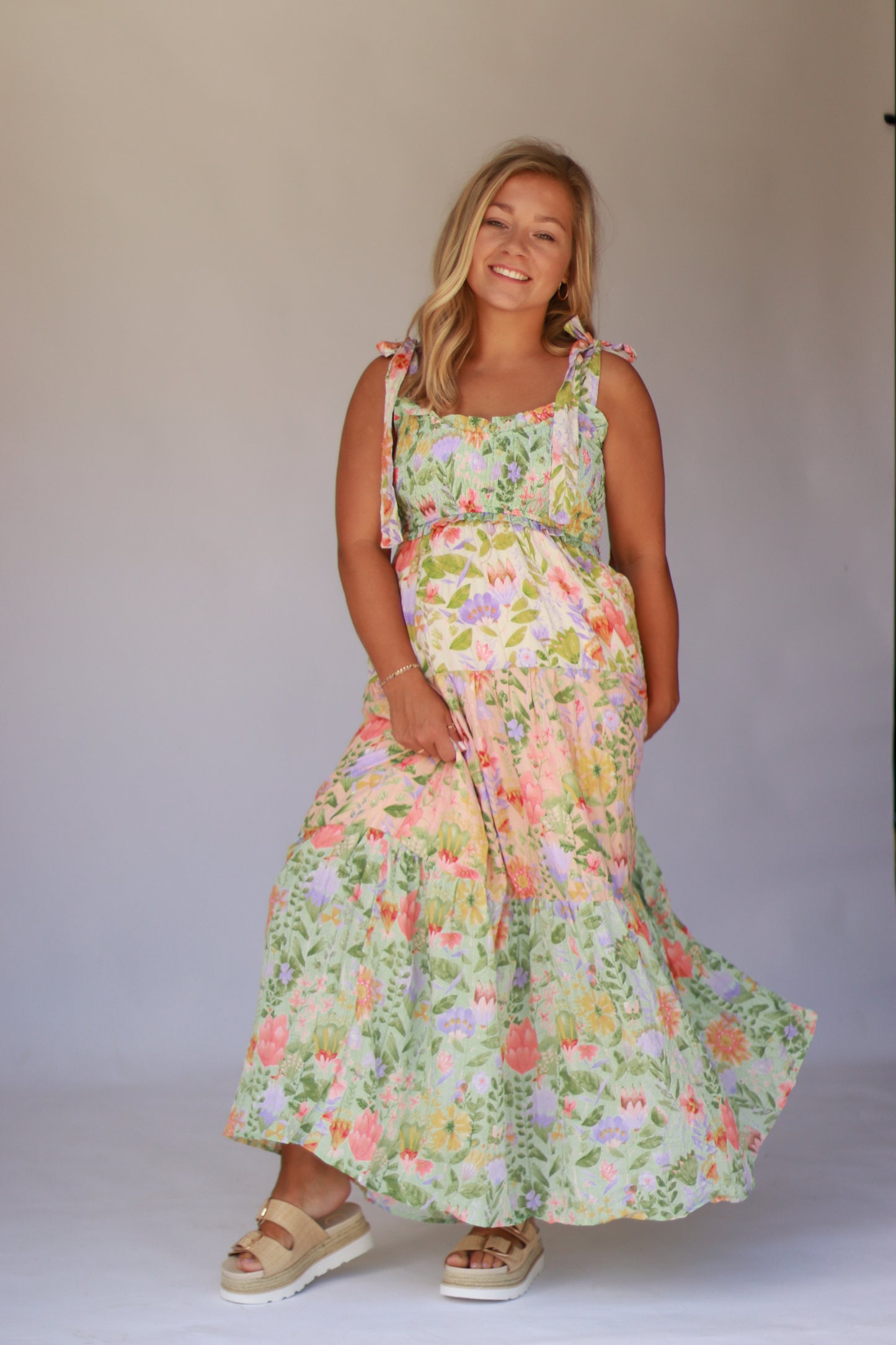 Smocked V-Neck Tiered Multi Print Dress