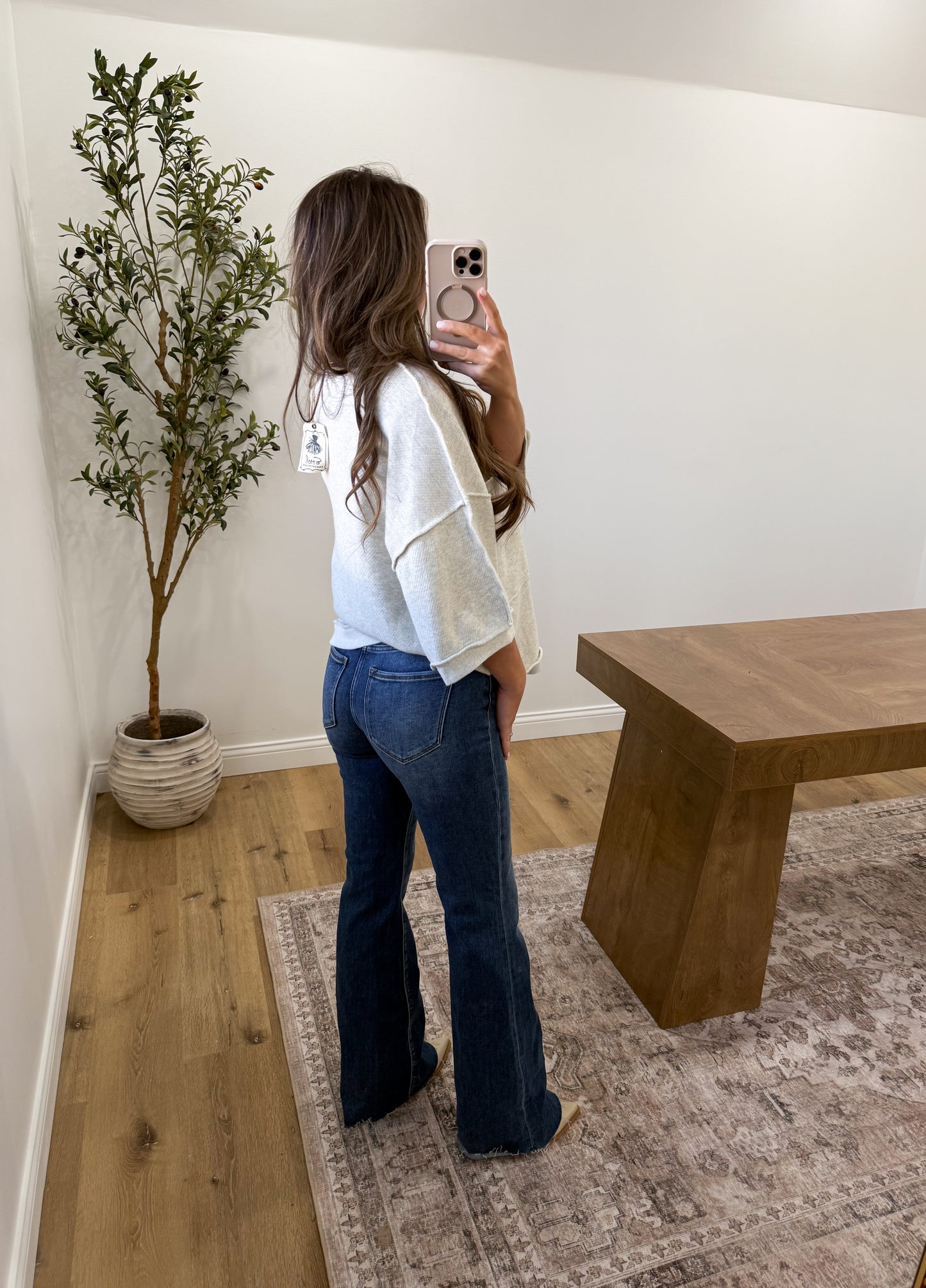 High Rise Flare Jeans With Raw Cut Hem- Dark