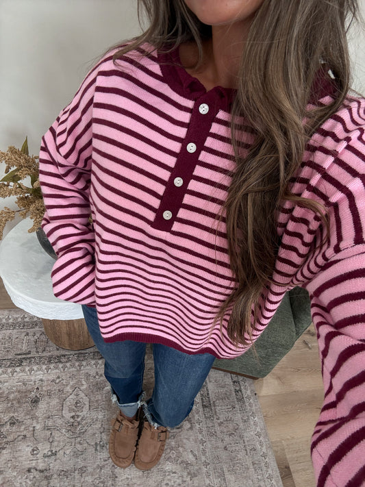 Striped Henley Pullover - pink/burgundy