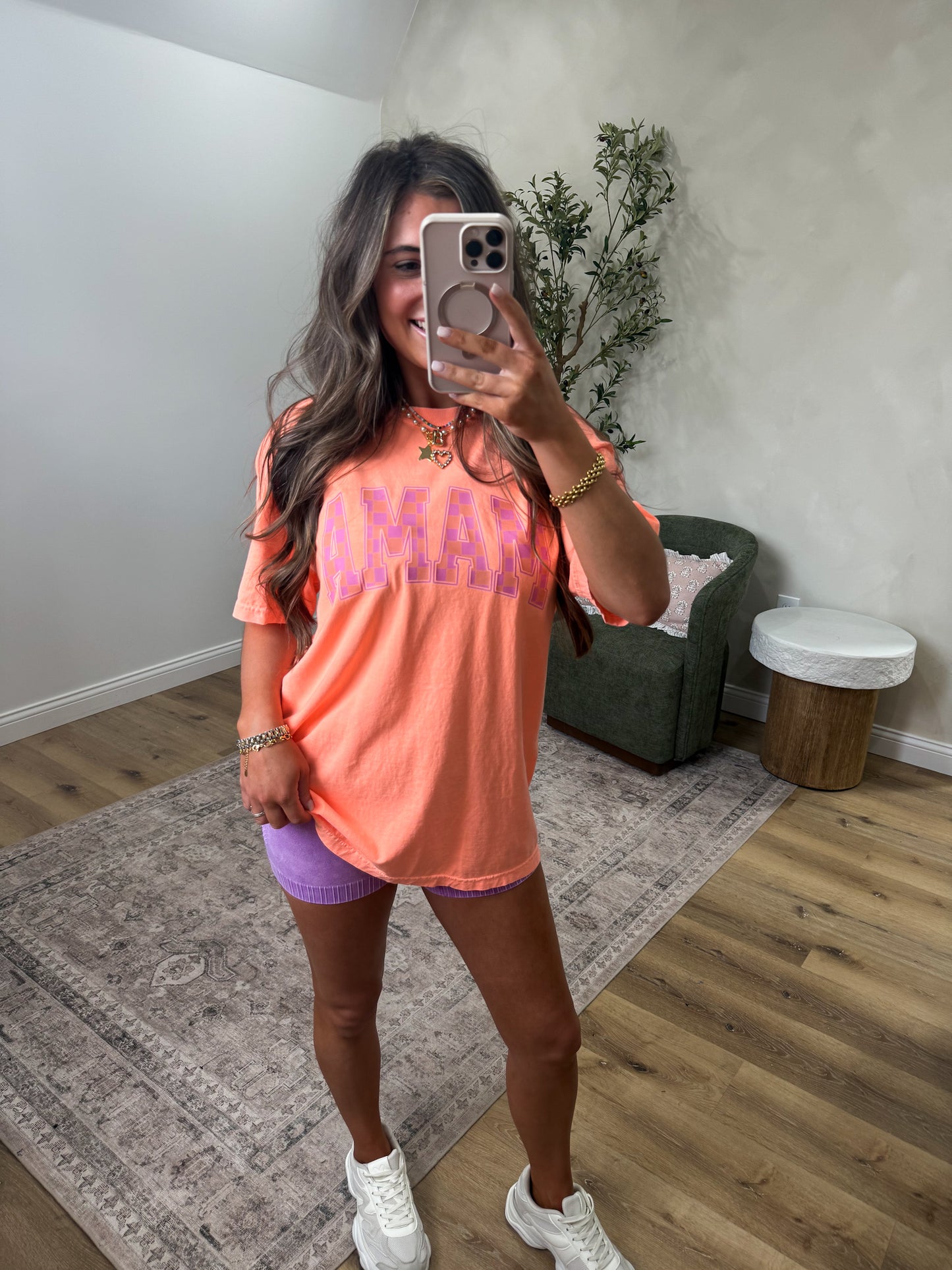 Neon Peach Checkered "MAMA" Tee