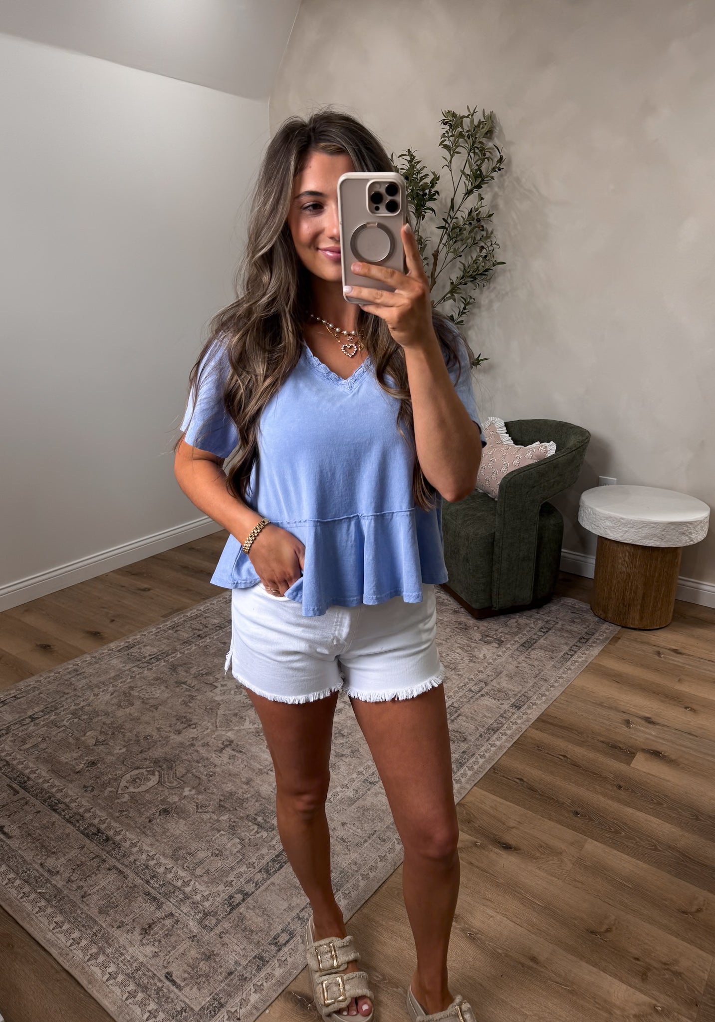 Everly Lace Trim Mineral Washed Knit Top - blue
