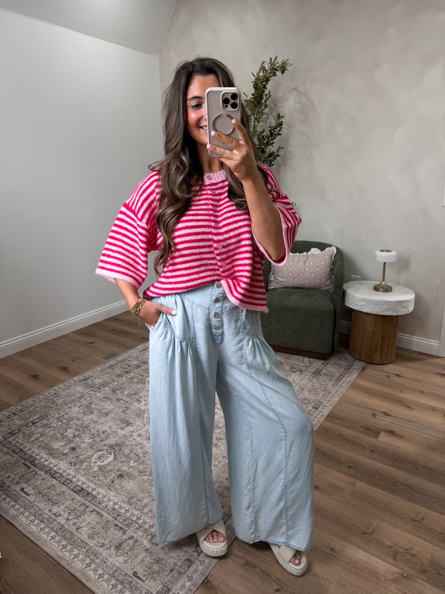 Cozy Moments Striped Knit Cardigan - fuchsia/pink