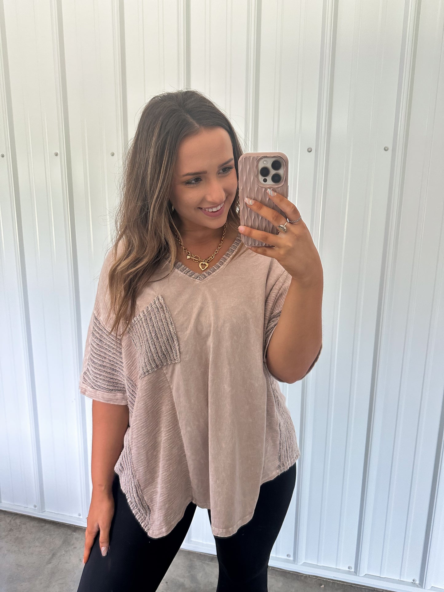 Candace Casual Vneck Tee- Stone