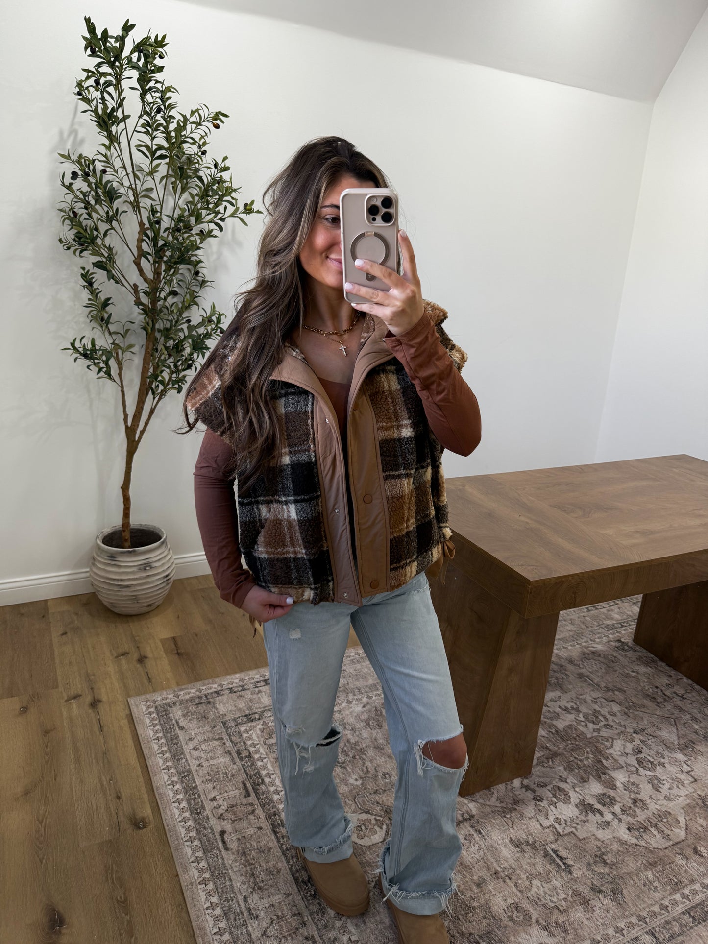 Plaid Sherpa Faux Oversized Vest- Brown