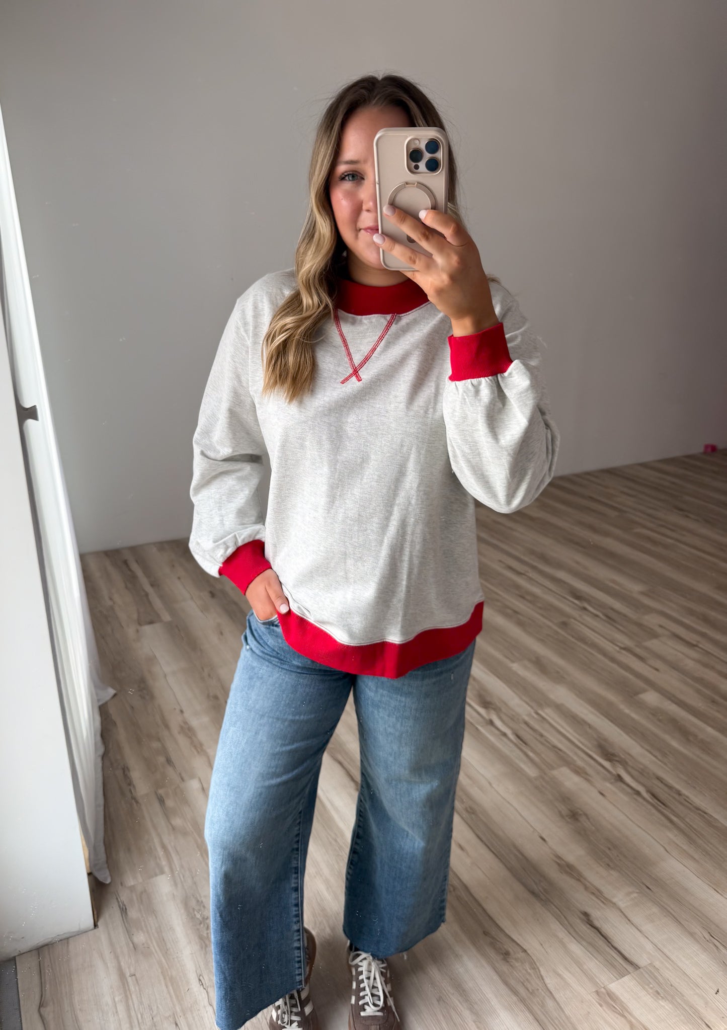 Heartbreaker Mockneck Pullover- Grey/red