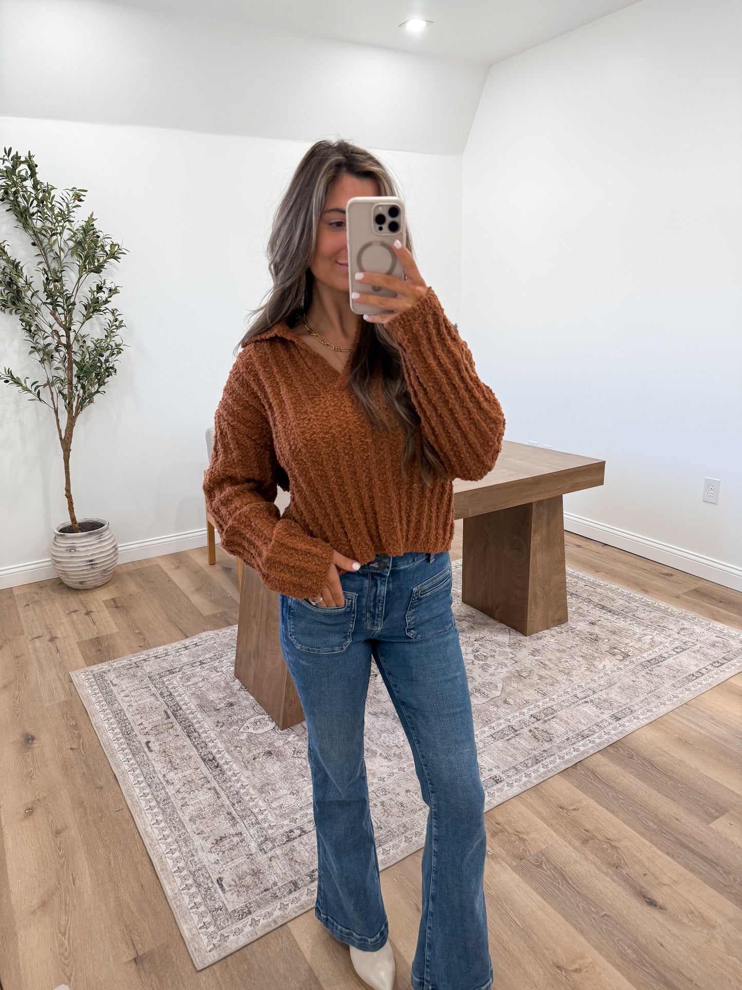 Collared Chenille Ribbed Sweater- Carmel