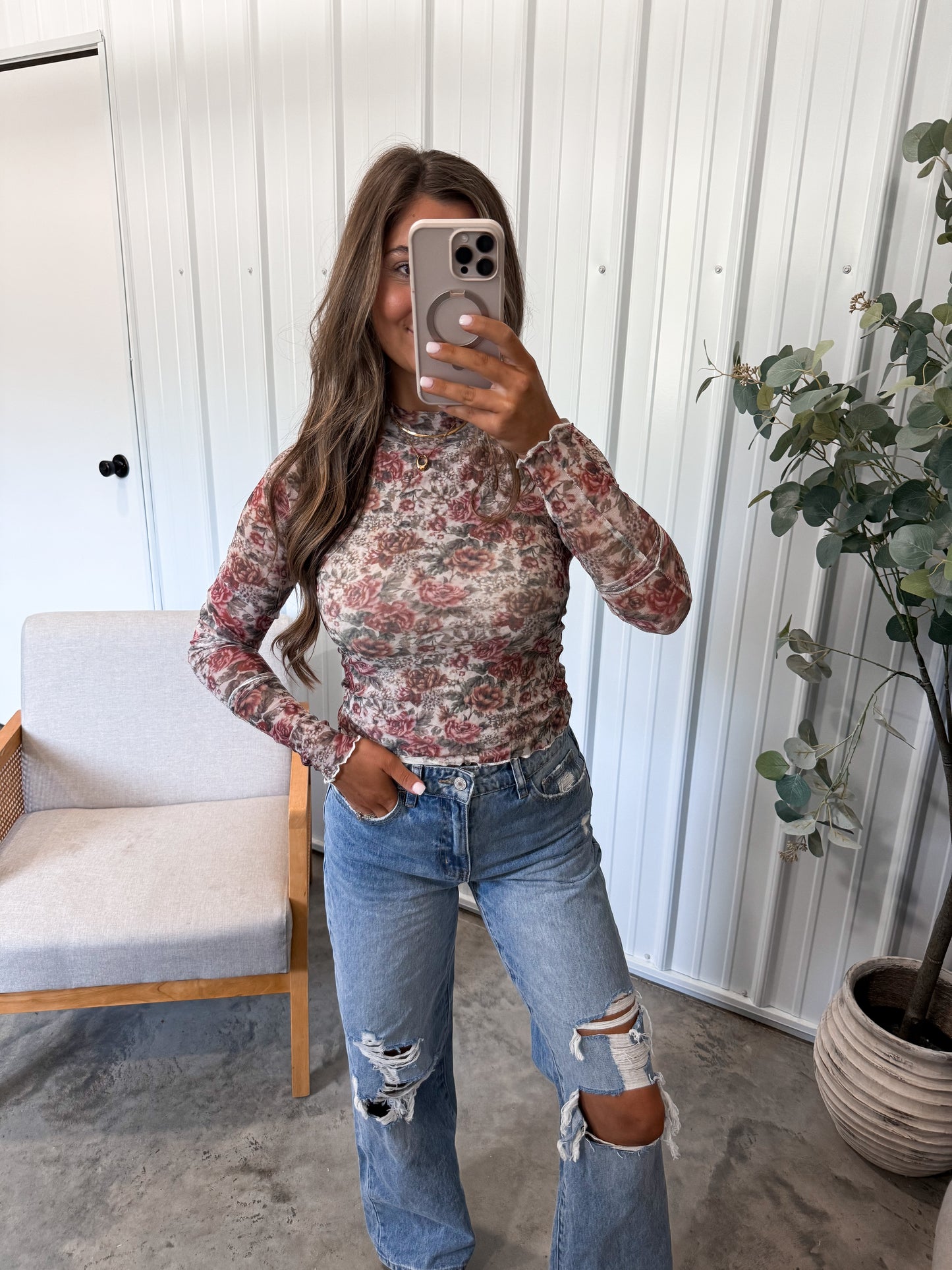 Tiffany Floral Mesh Top - Creamy Rose