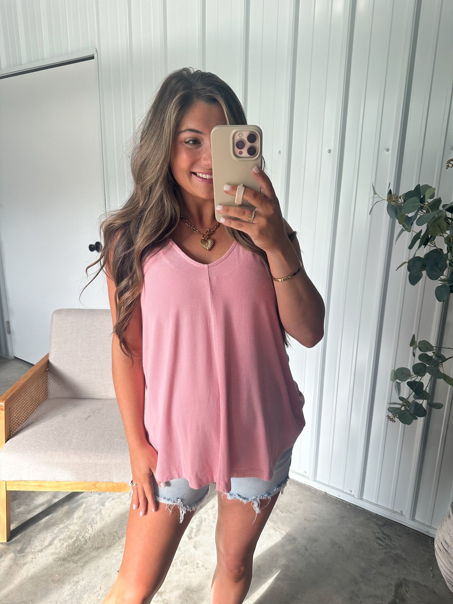 Ribbed Rayon Flowy Vneck Tank- 3 colors
