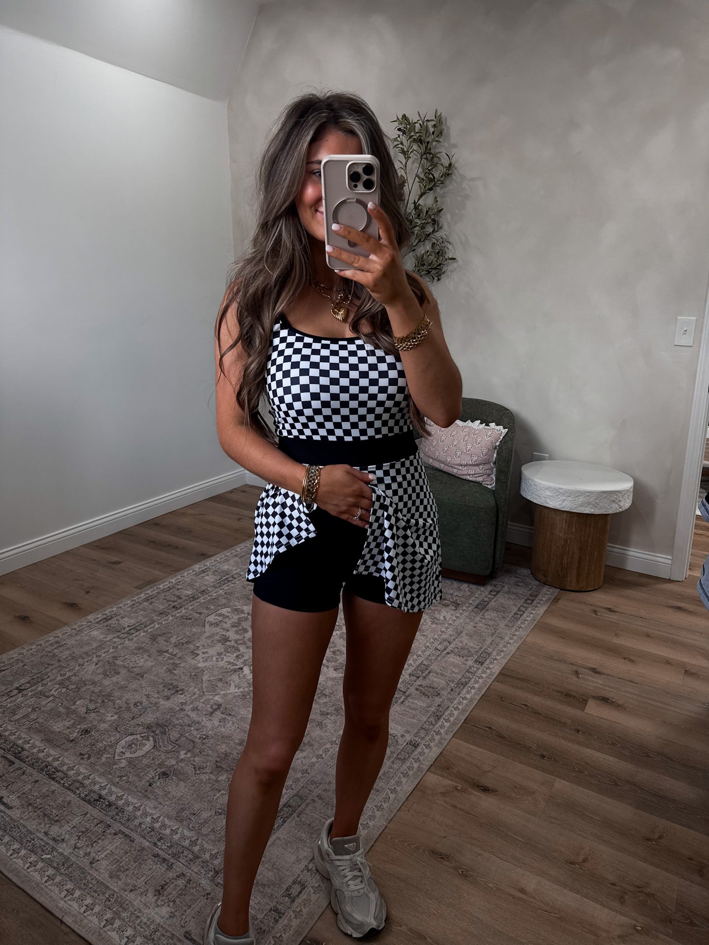 Sculpt Society Gingham Active Romper Dress - black/white