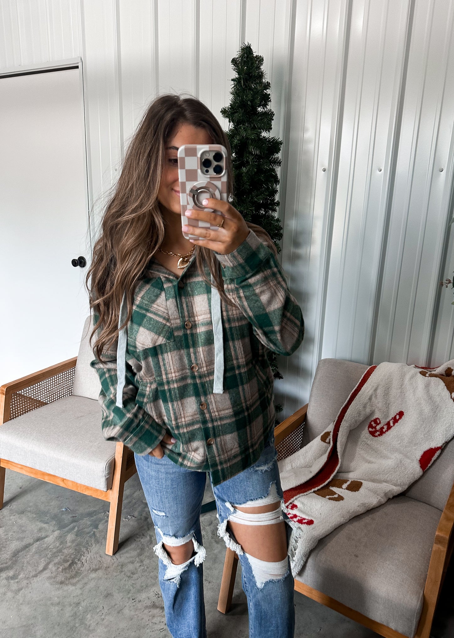 Chimney Hooded Flannel - Pine/Taupe