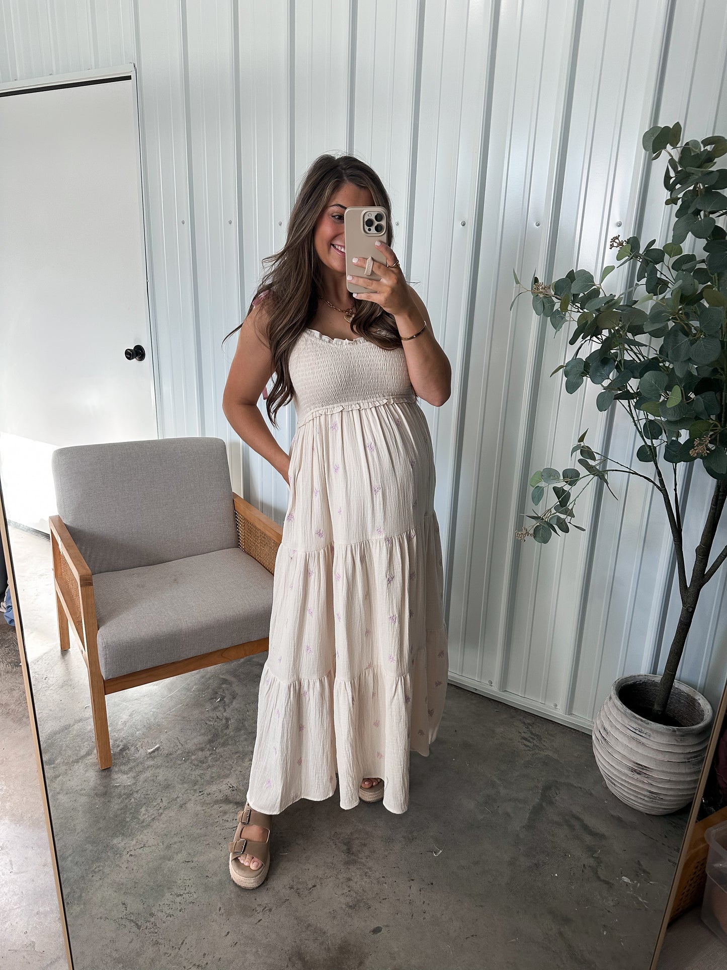 Raspberry Ribbon Tied Maxi Dress-Cream