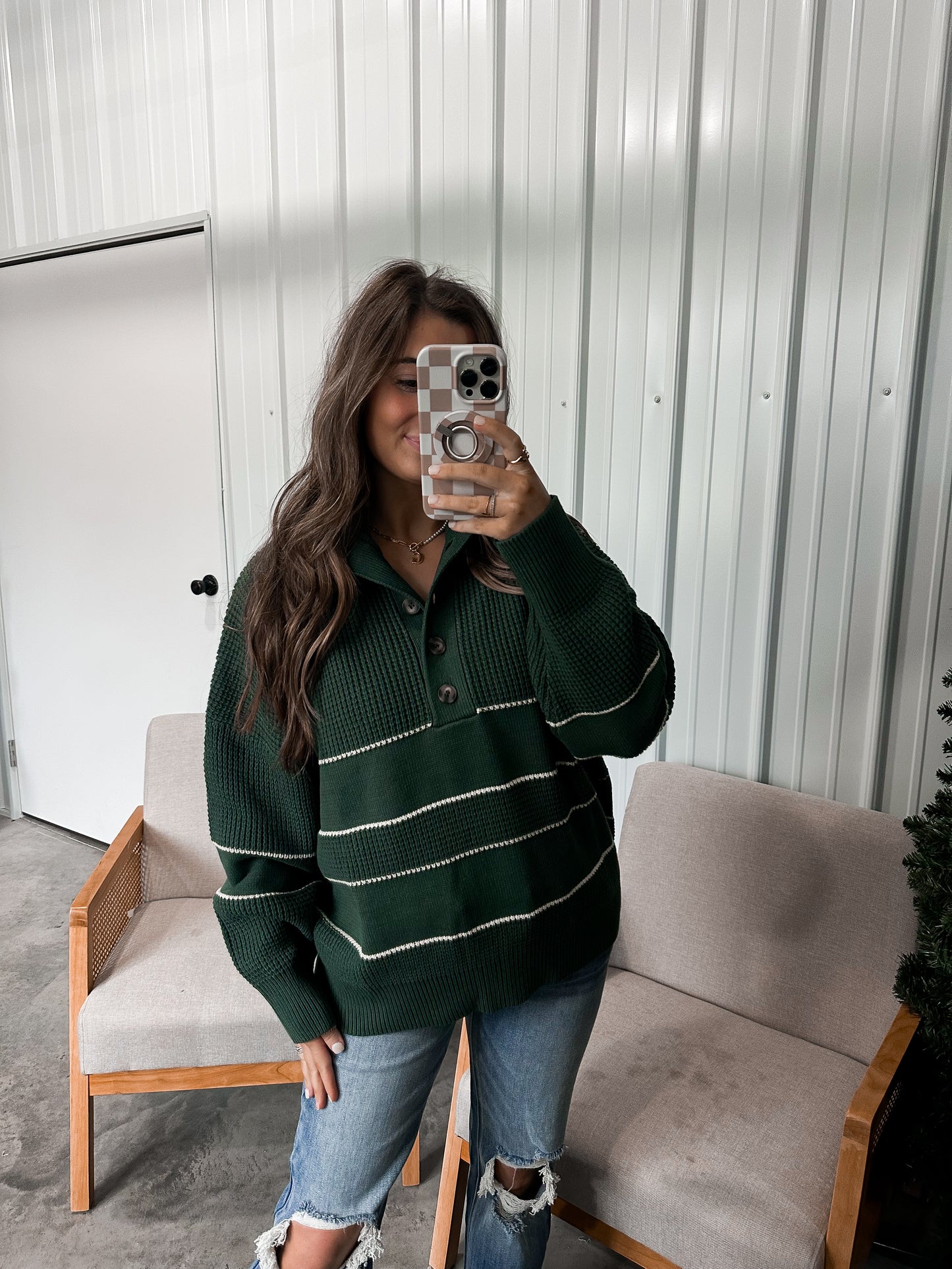 Open Collar Striped Sweater- Deep Green