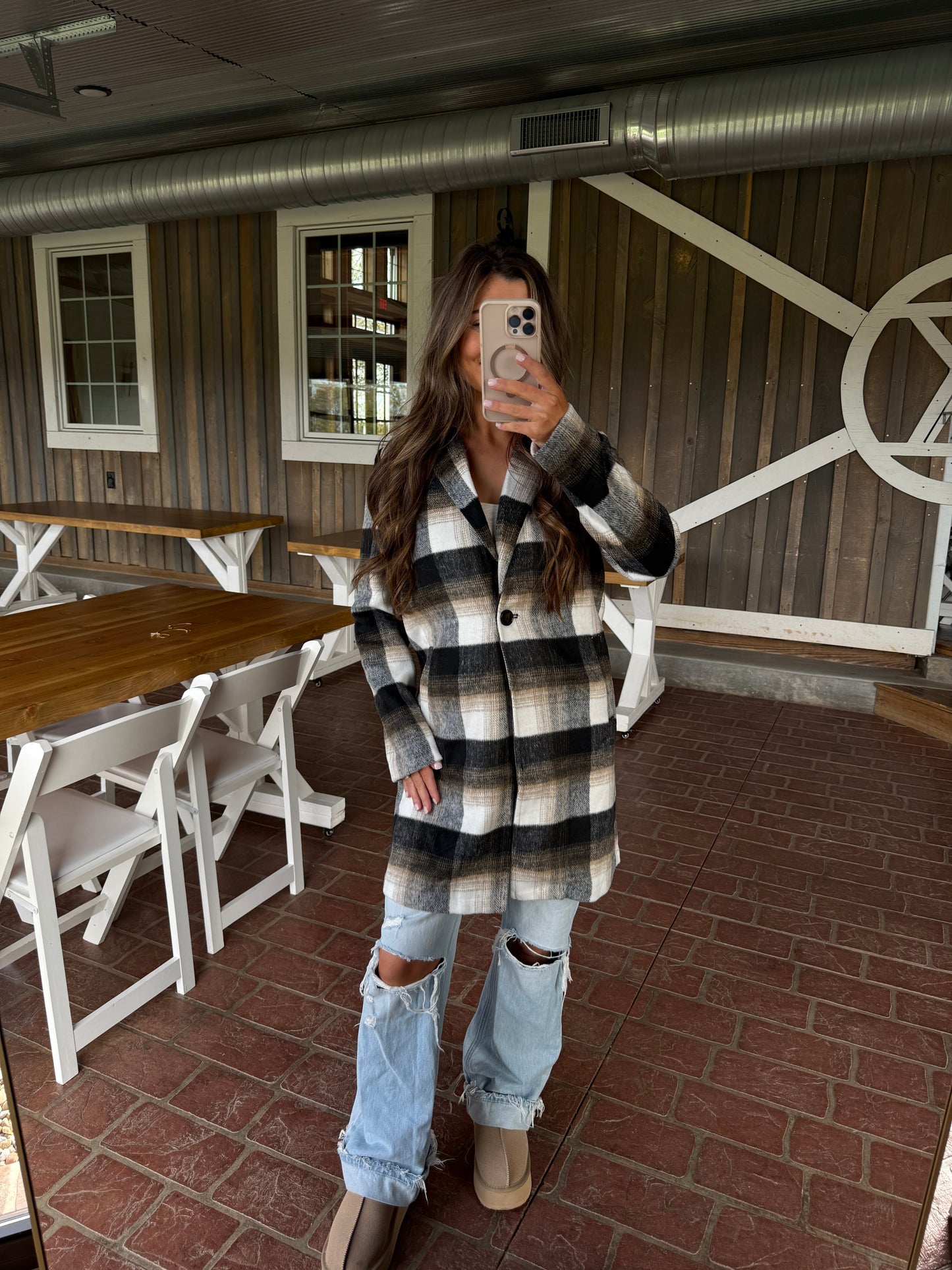 Long Sleeve Plaid Coat- Black