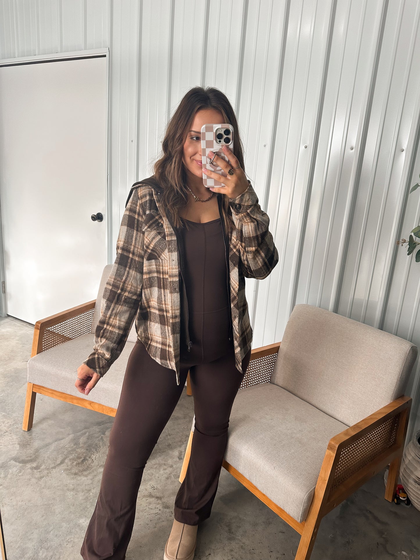 Brynn Plaid Contrast Hoodie- Brown