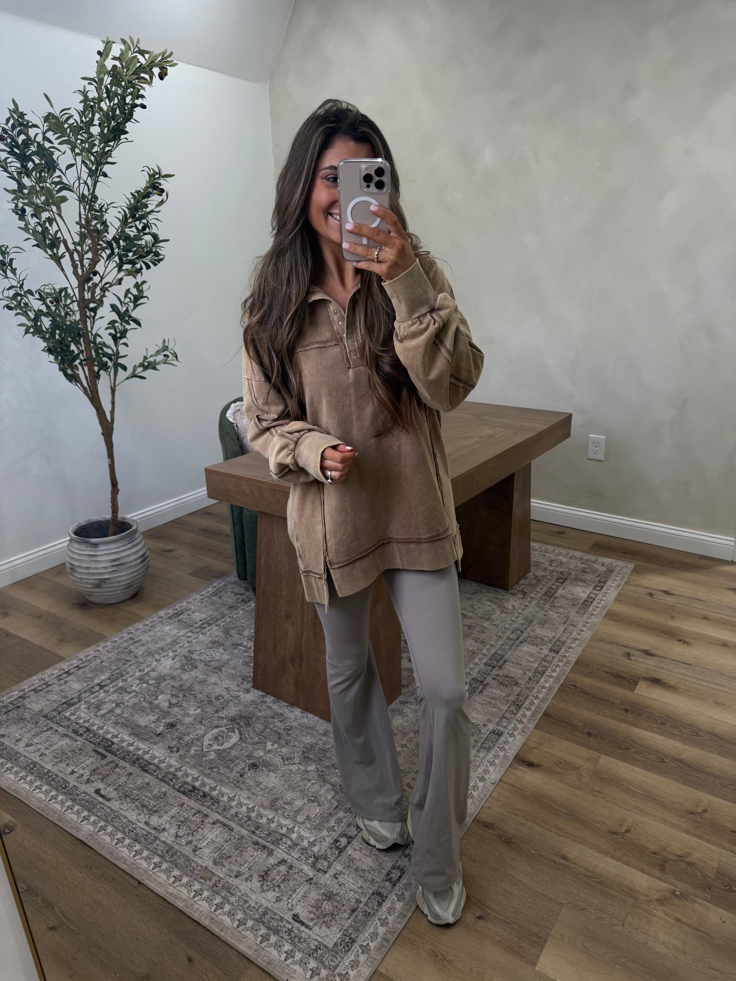 Half Button Oversized Washed Pullover- Mocha