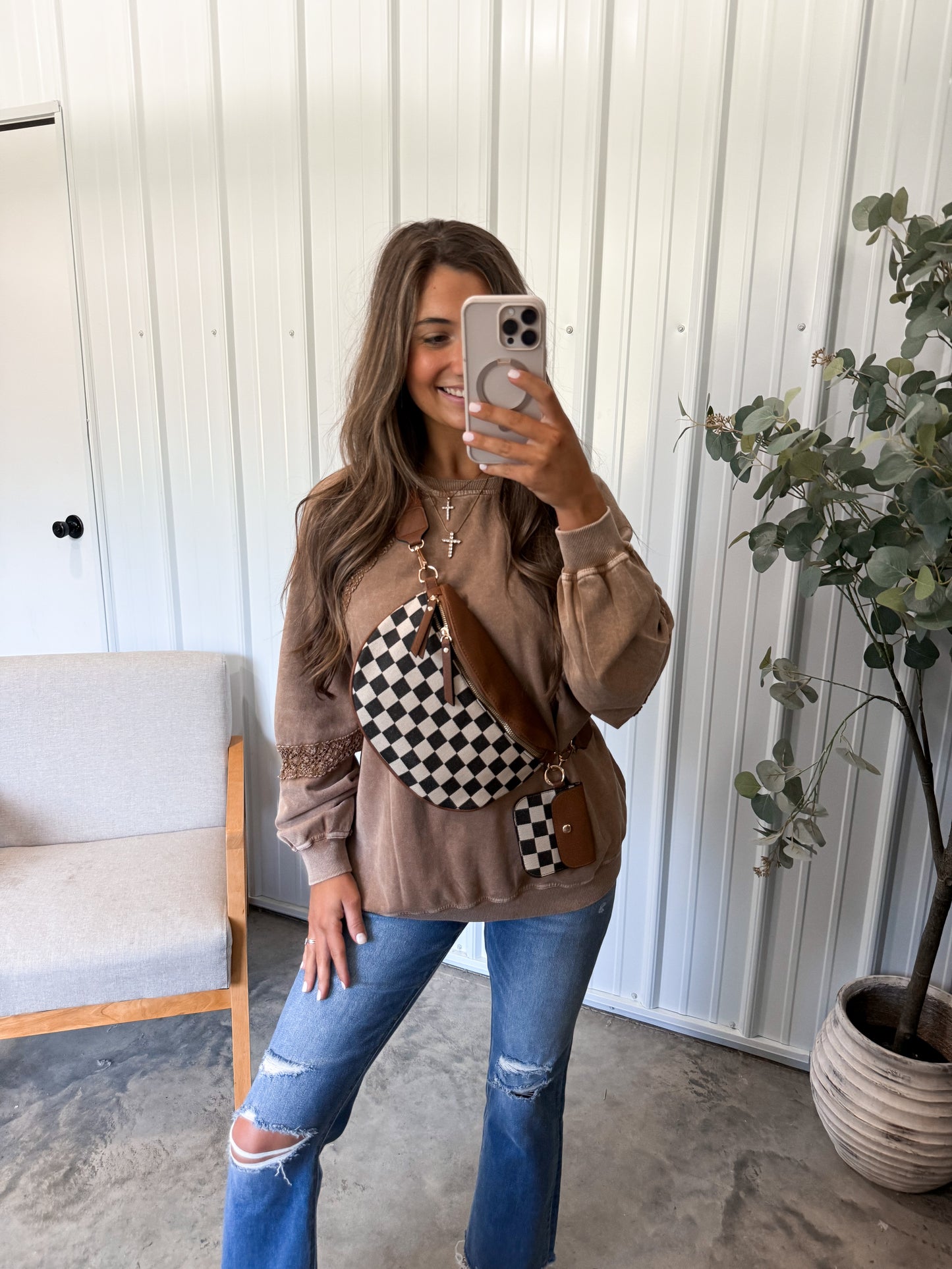 Duo Crossbody Bag- Checkered Camel