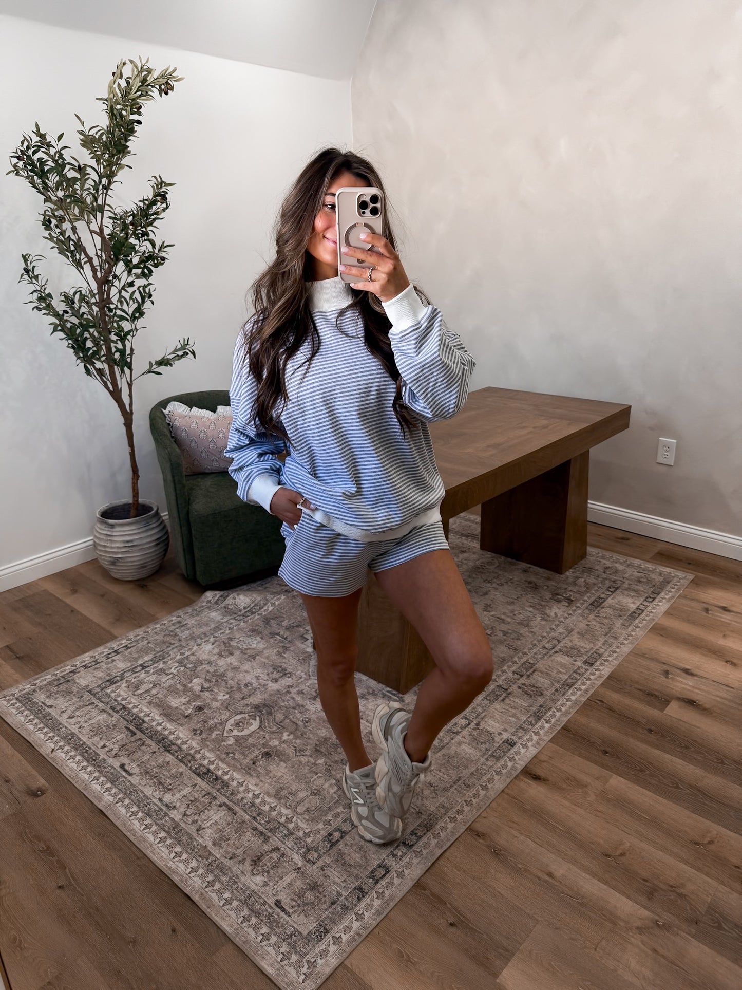 Marley Mock Neck Striped Set- Grey/white