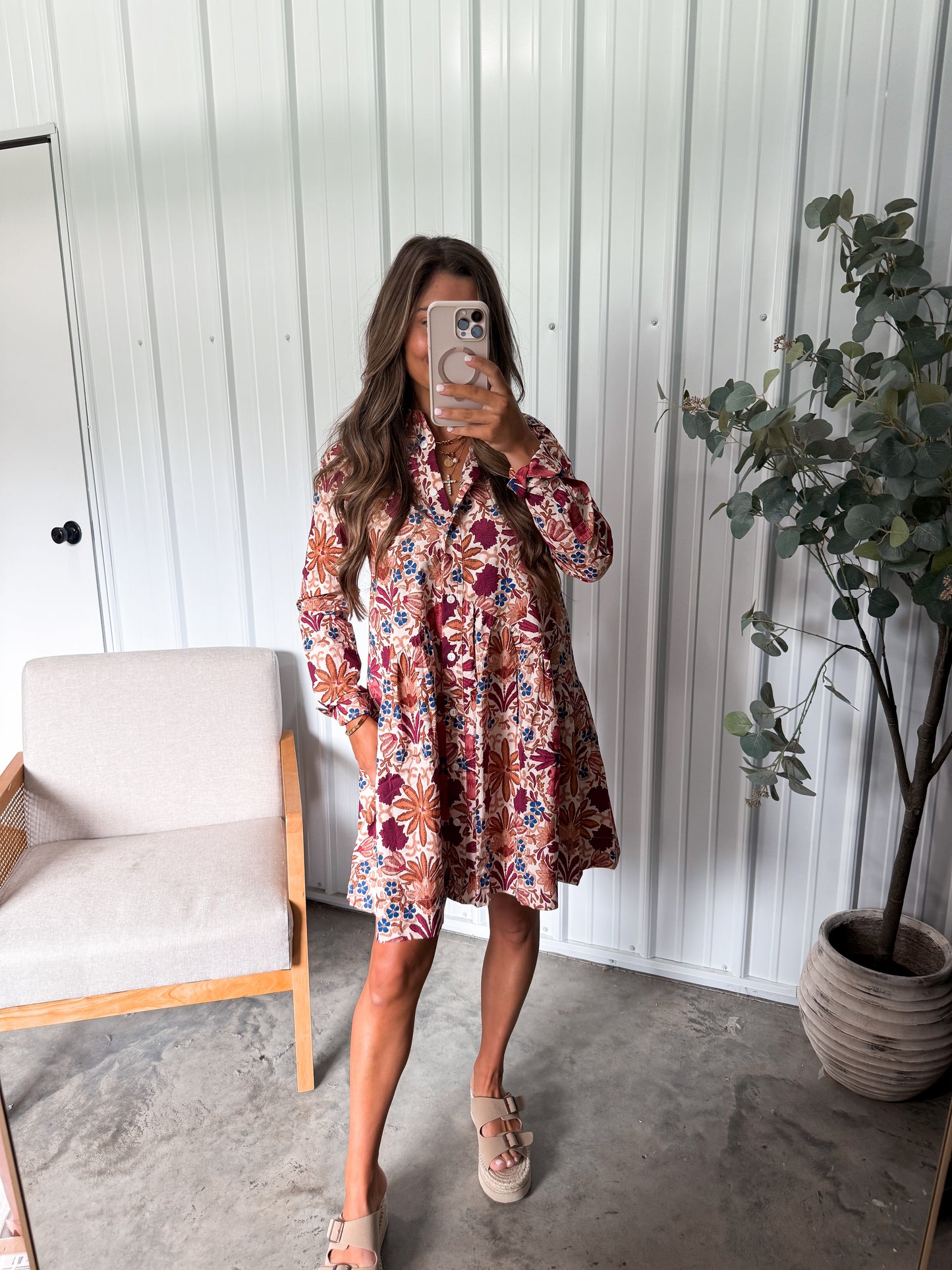 Hana Floral Button Dress- cream/rust