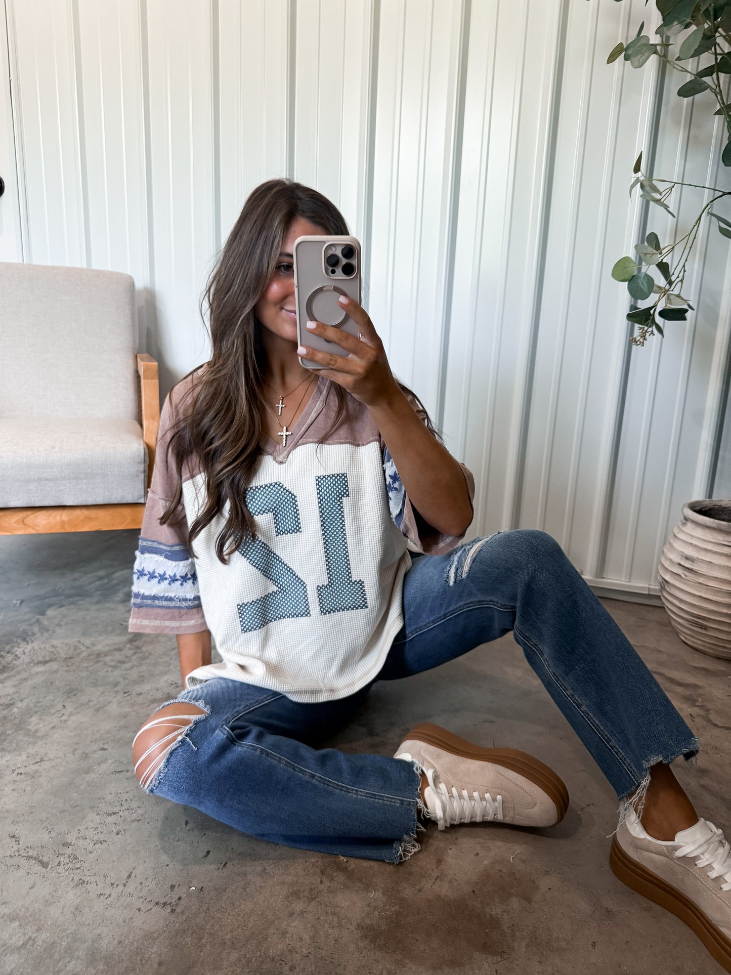 Varsity Waffle Tee- oatmeal/brown/blue