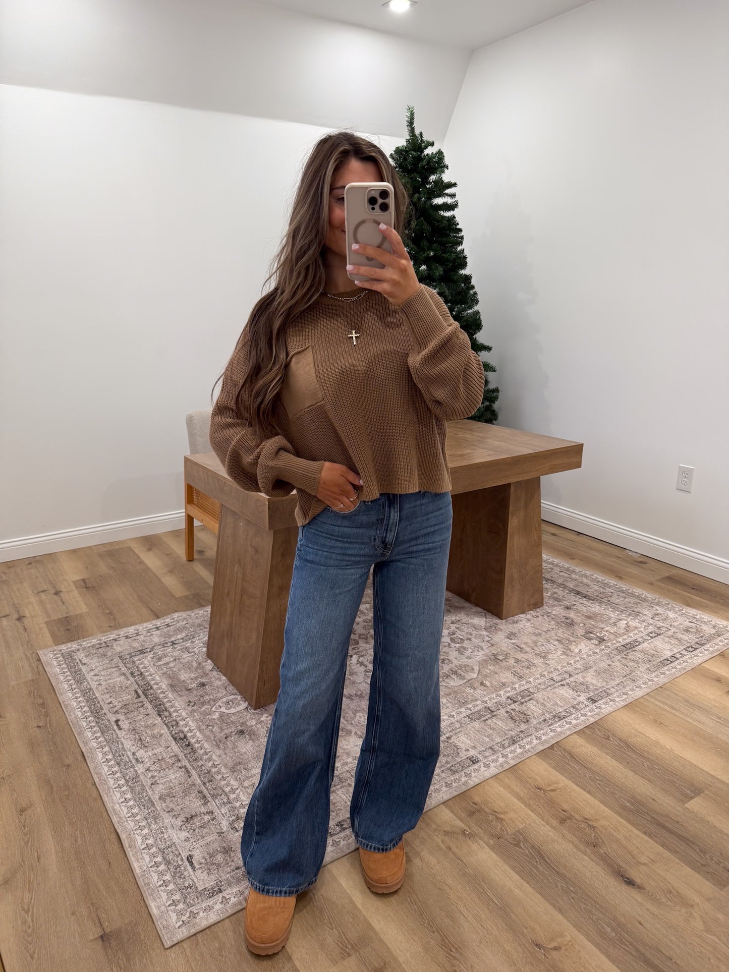 Pocket Detailed Crew Neck Sweater- Camel