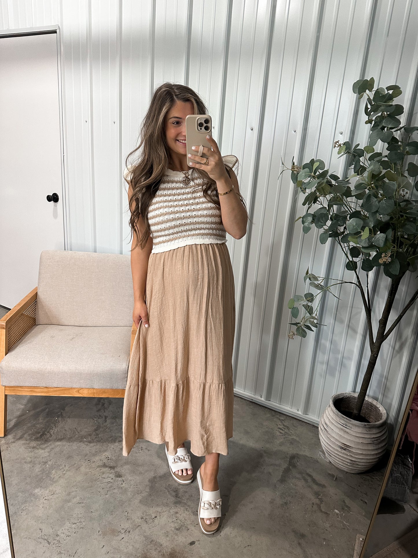 Mixed Media Knit Top Maxi Dress - Neutrals