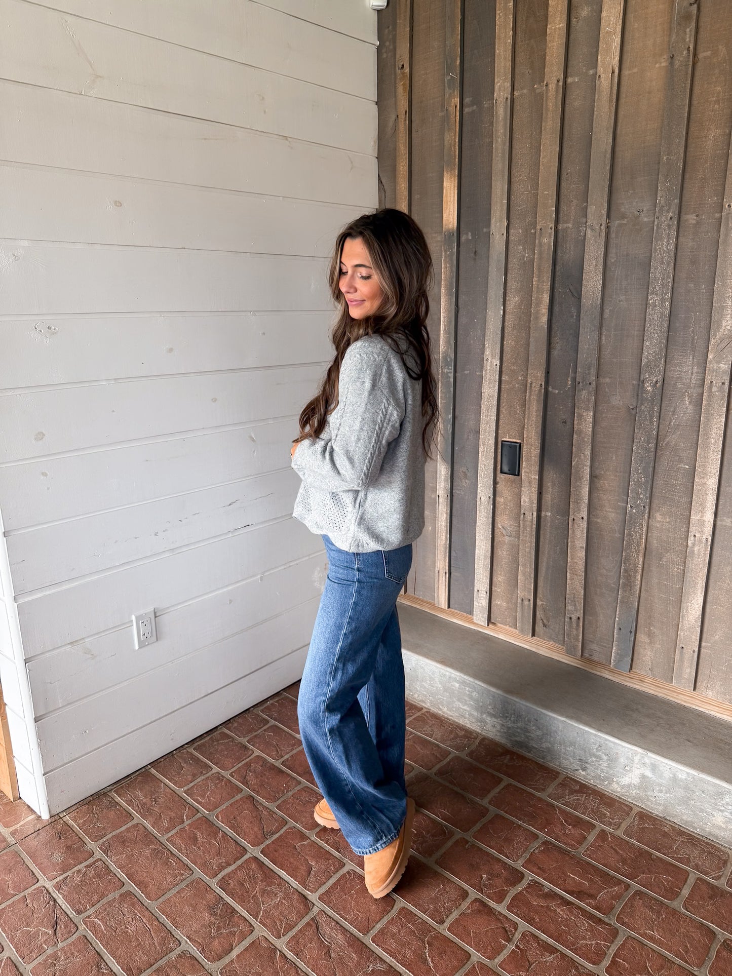 Cable Crewneck Sweater- Heather Grey