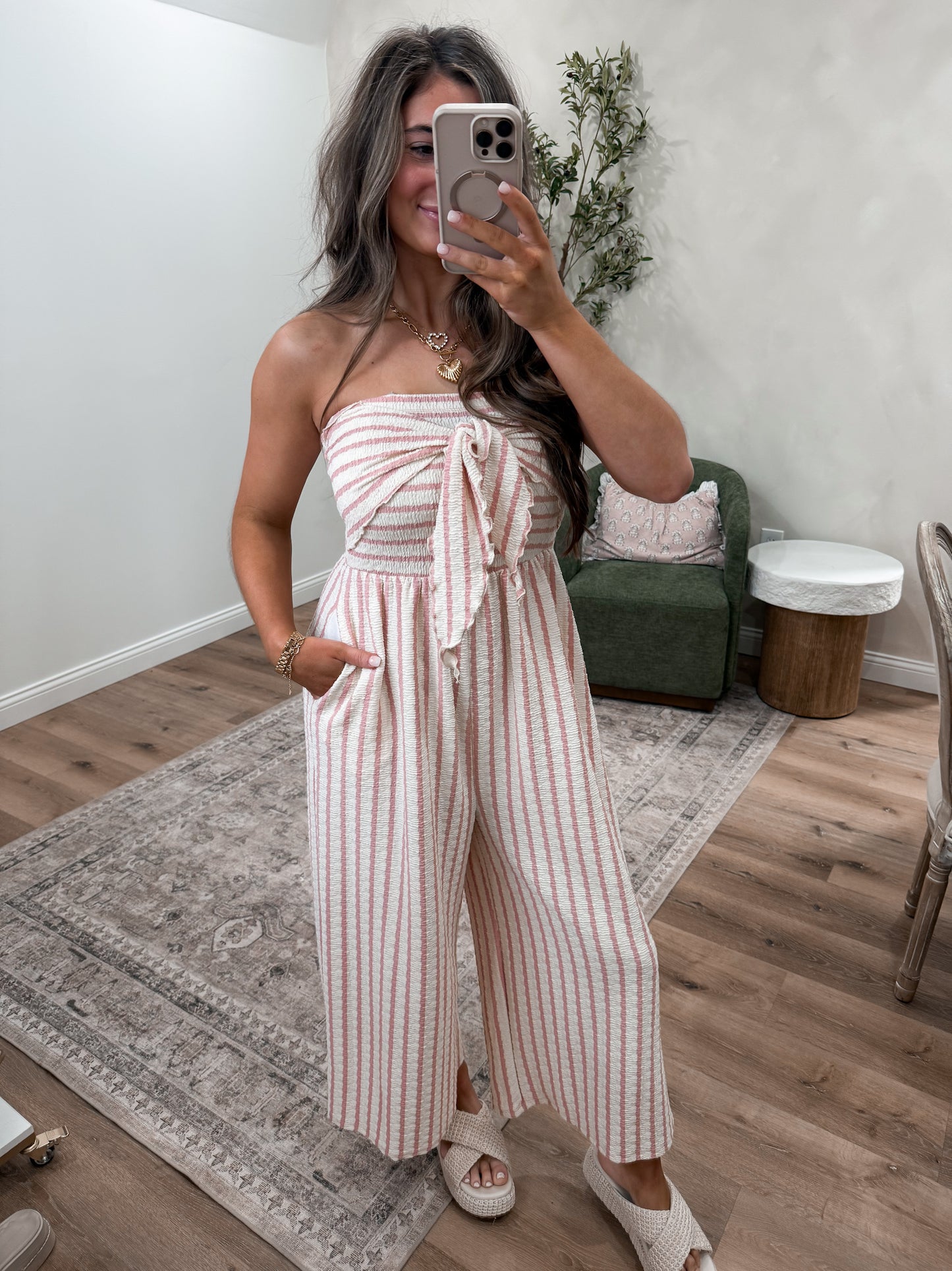 Coastal Glow Striped Strapless Jumpsuit - cream/pink
