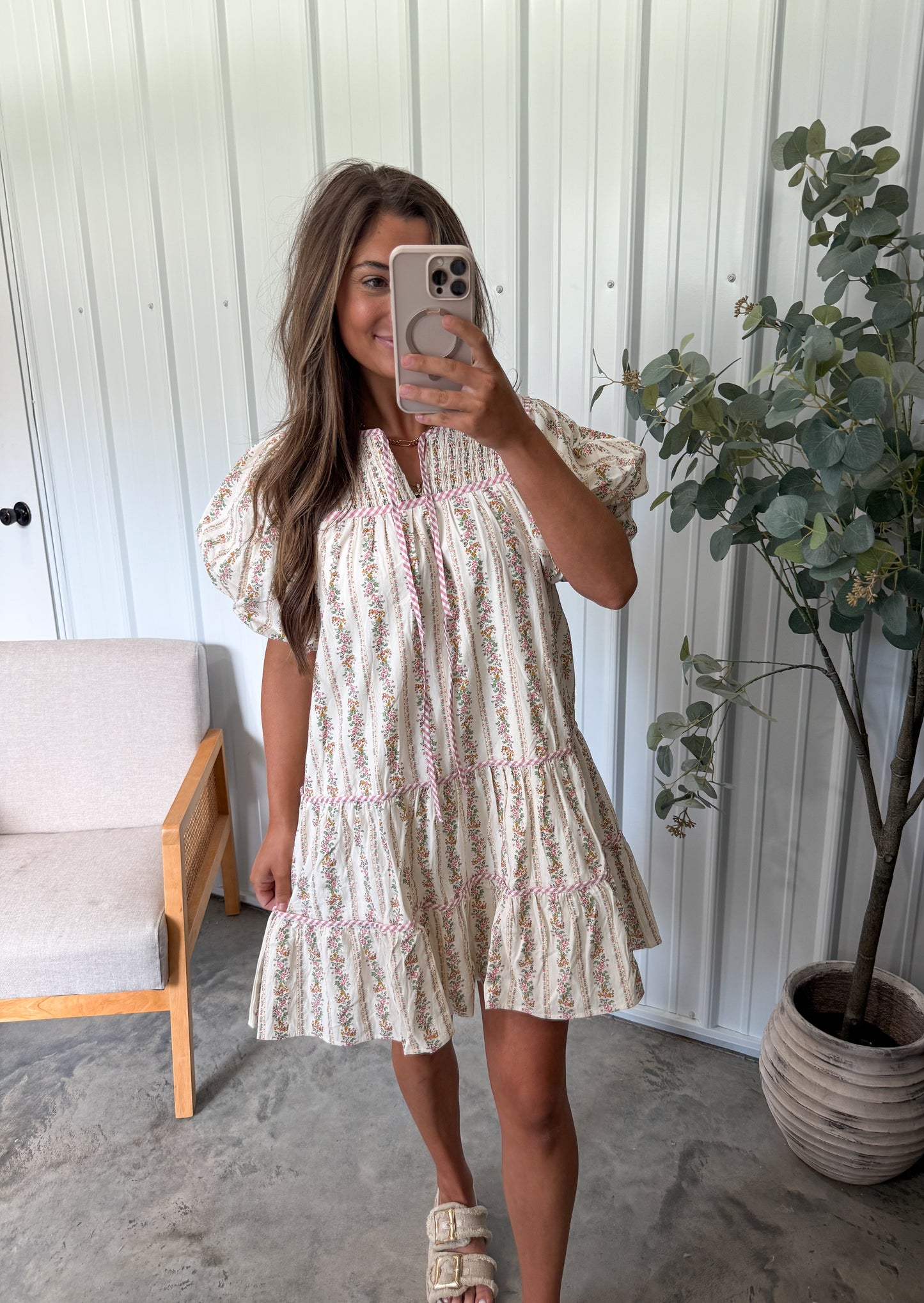 Gingham Bordered Floral Babydoll Dress