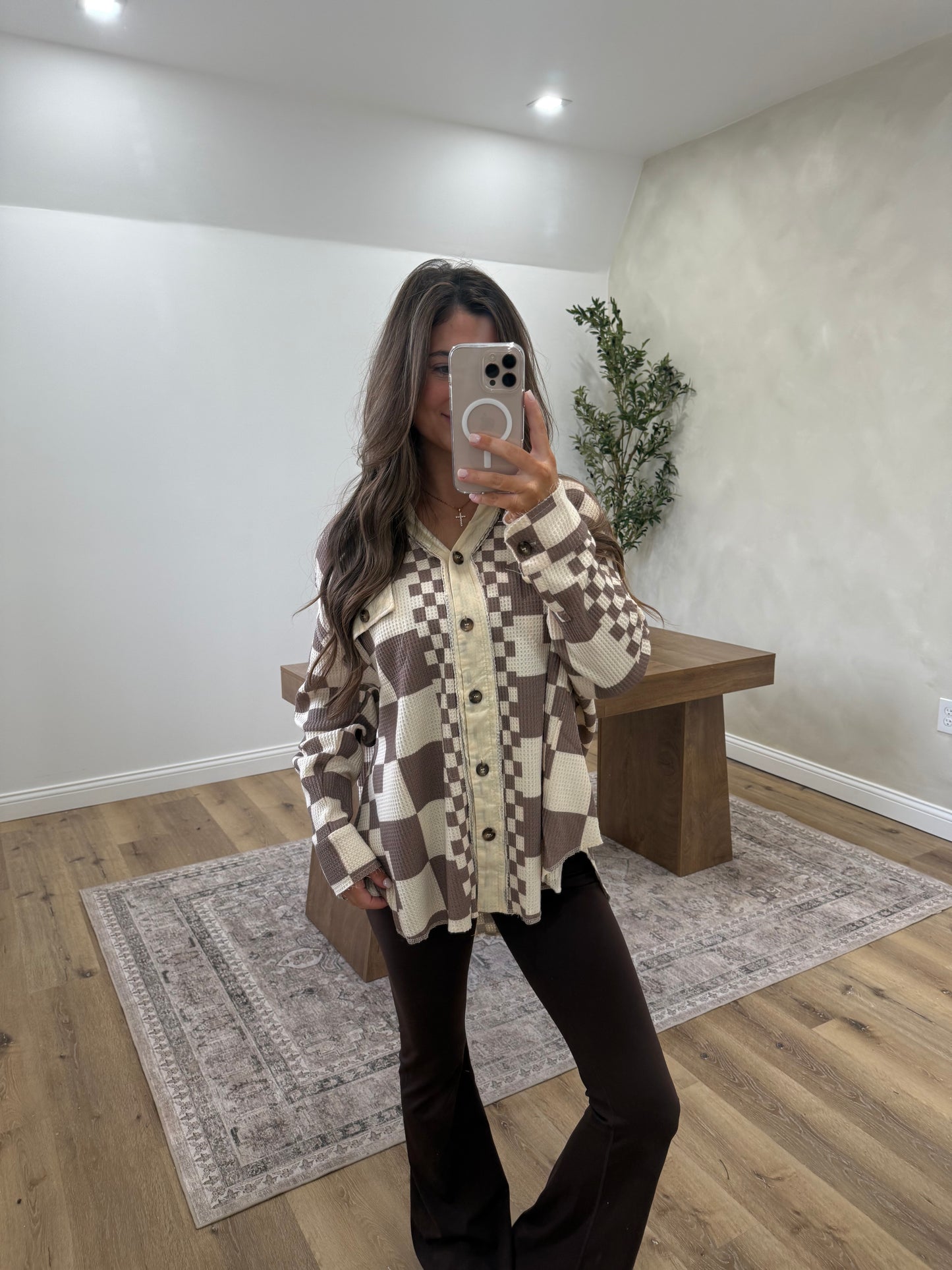 Checker Print Waffle Thermal Shacket