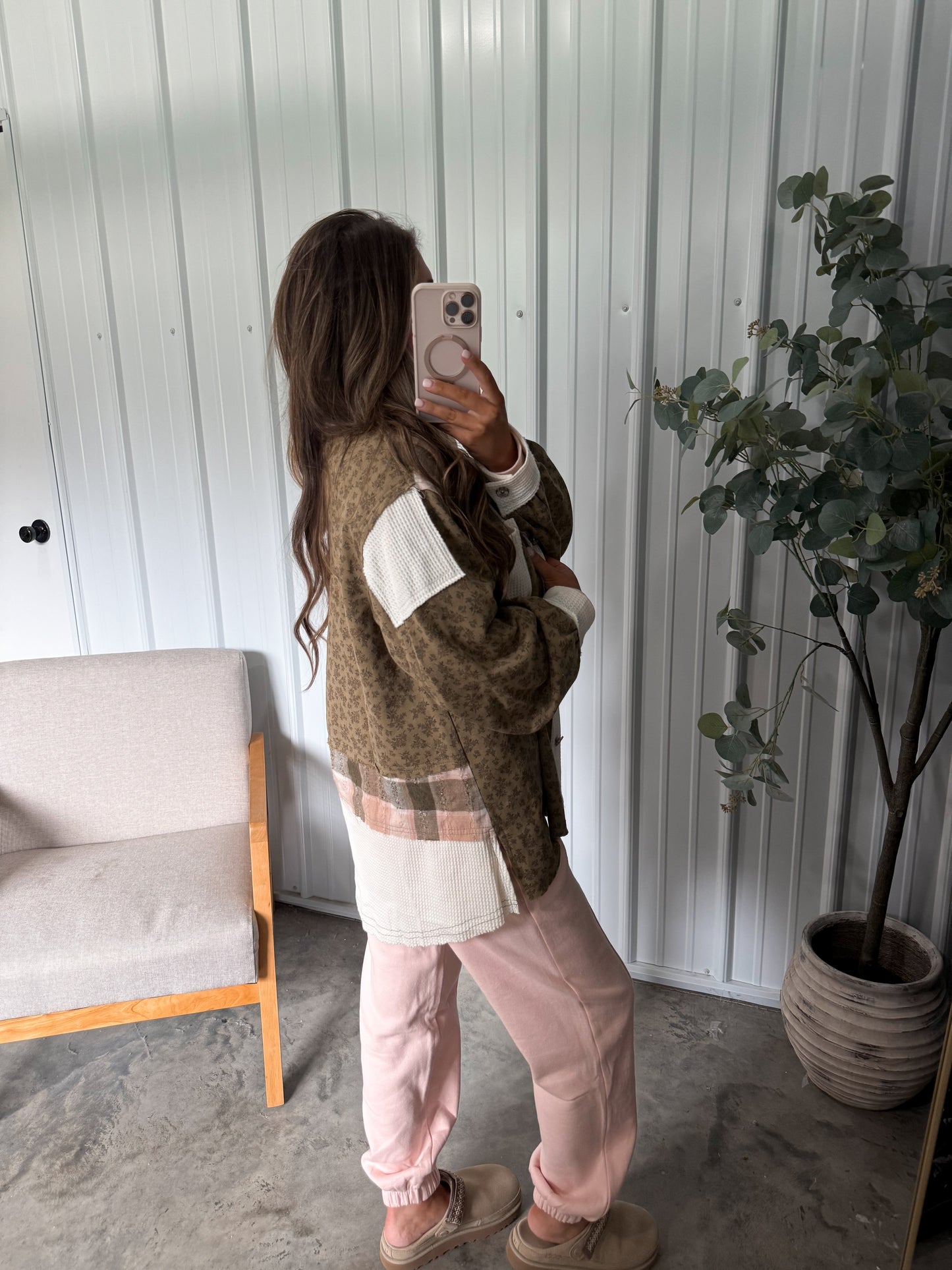 Olivia Patchwork Shacket- Olive/Pink
