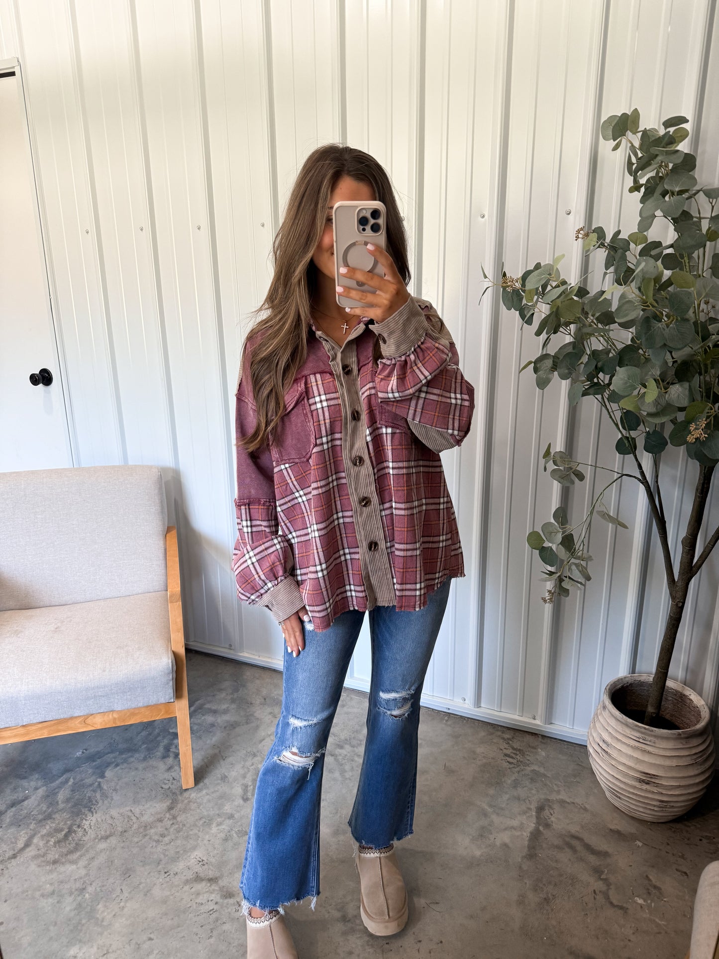 Corduroy Plaid Patchwork Shacket- Mulberry