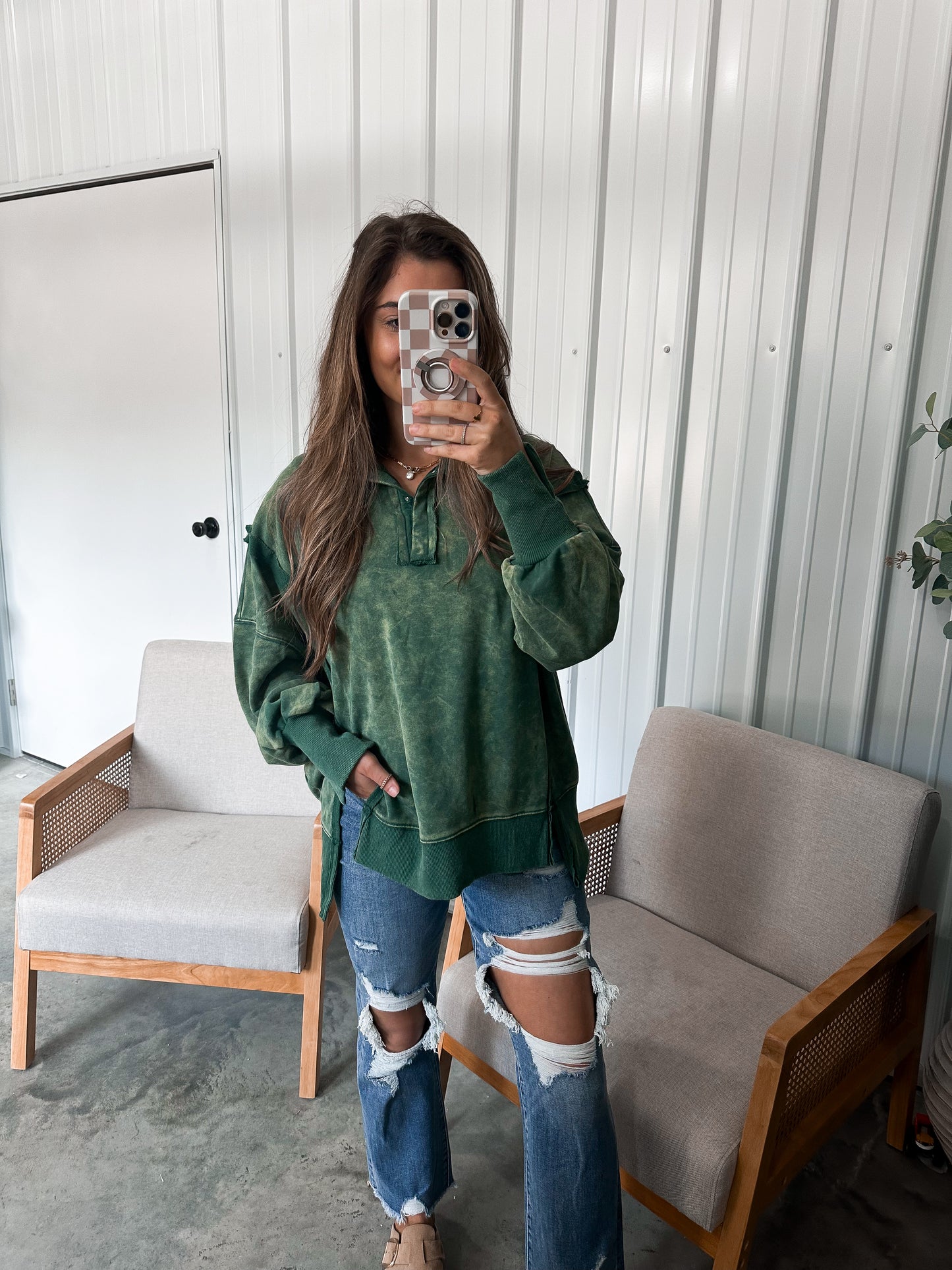 Camden Mineral Wash Pullover - Hunter Green