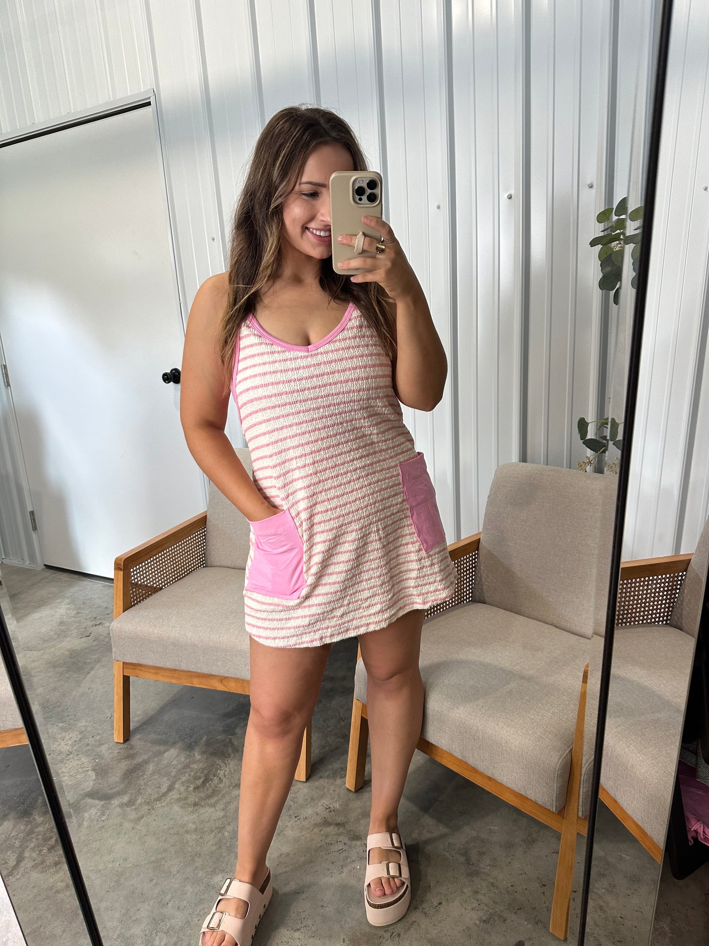The Macy Active Romper - Pink Stripes