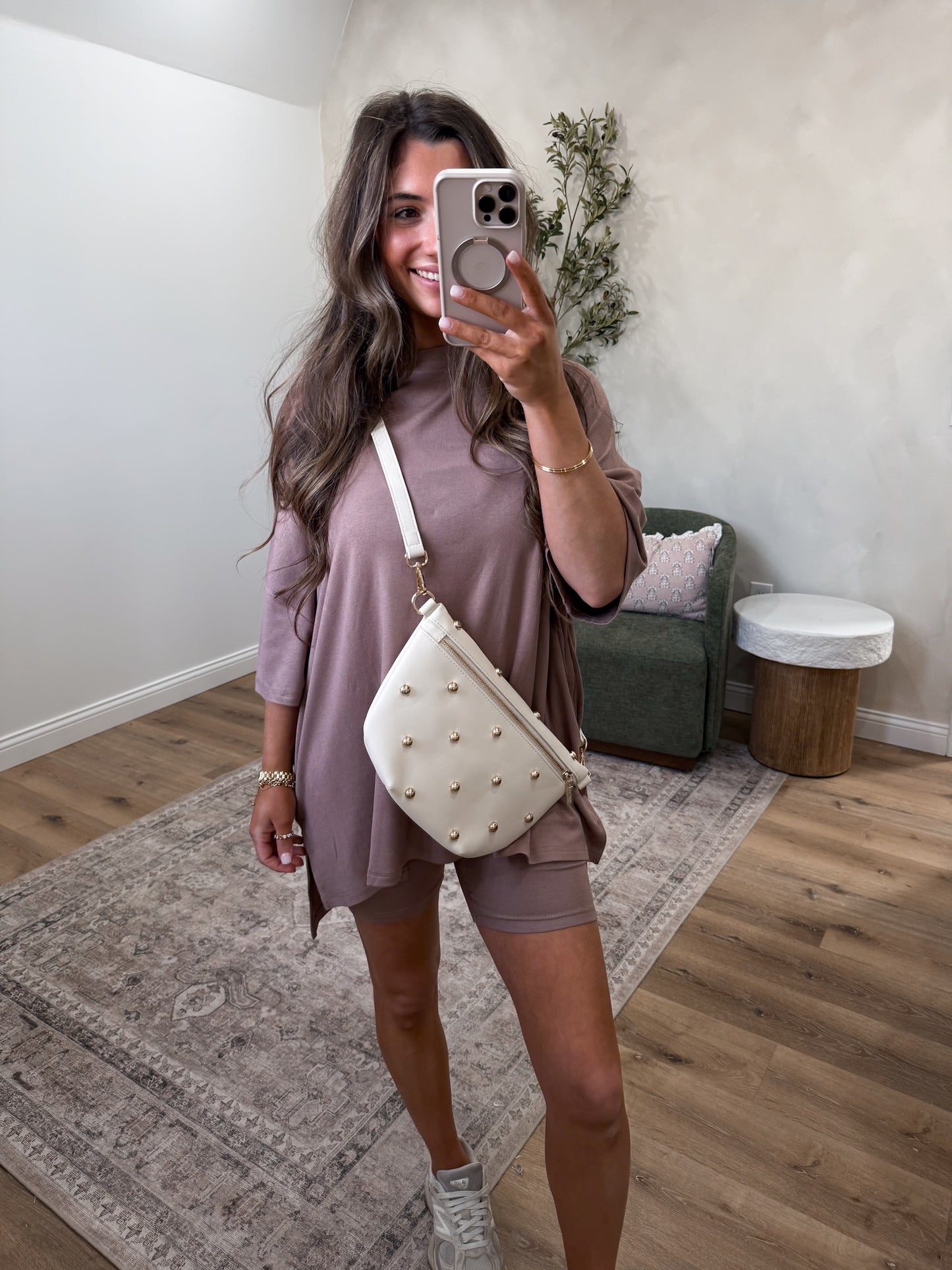 Gold Studded Westlyn Bum Bag - cream