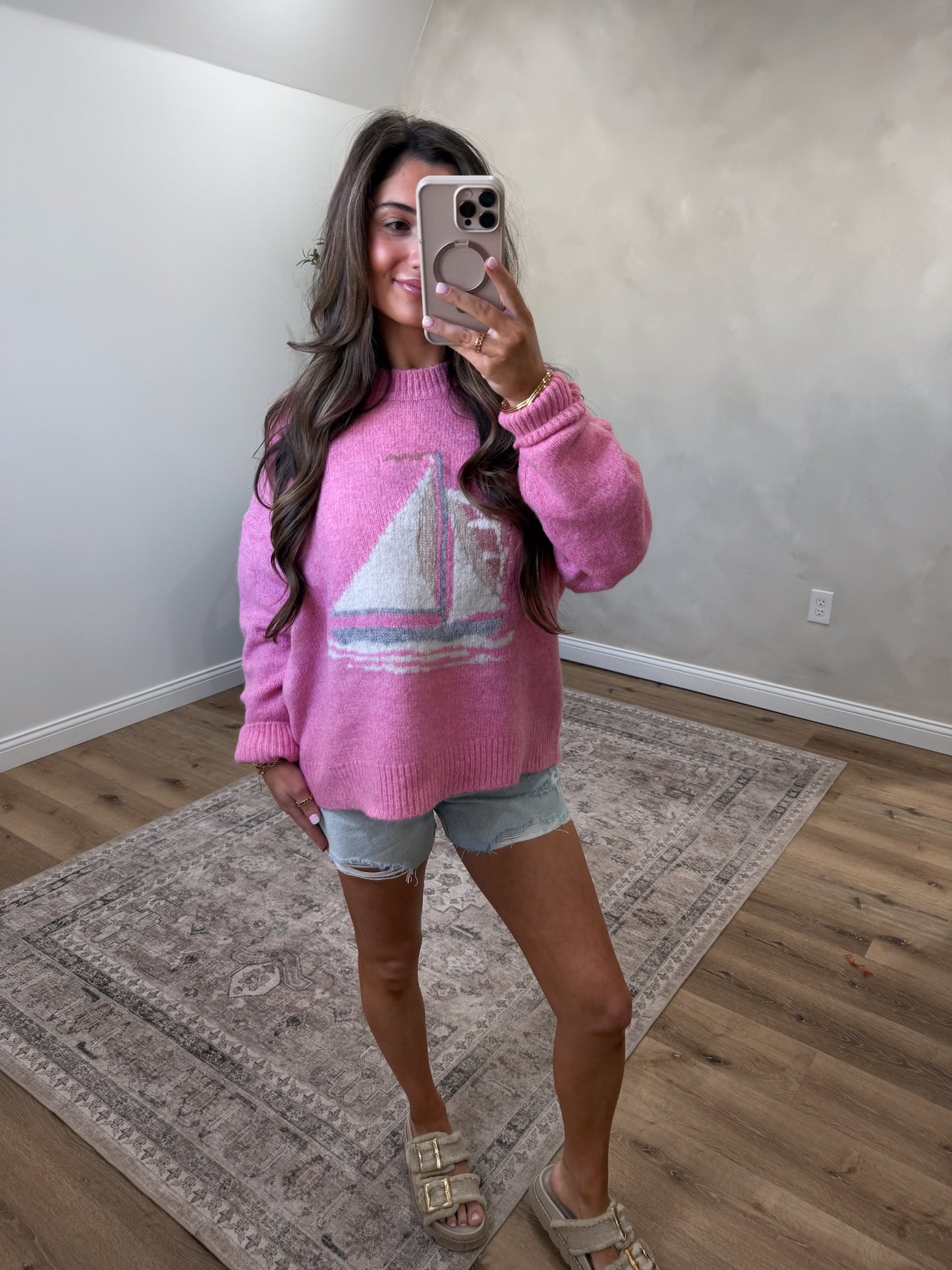 Sailboat Knit Fuzzy Sweater - french pink