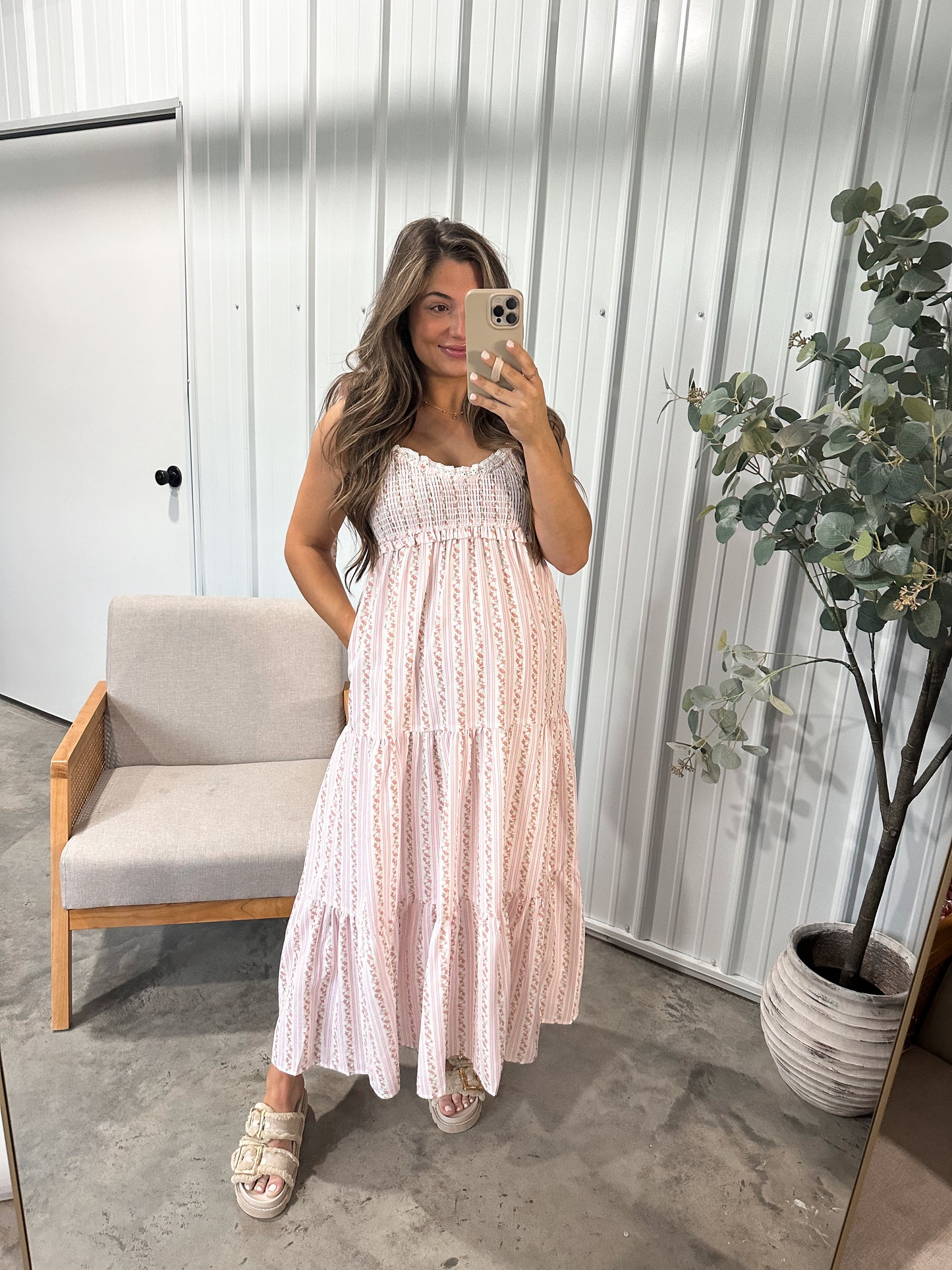 Striped Fancy Floral Maxi Dress- Pink