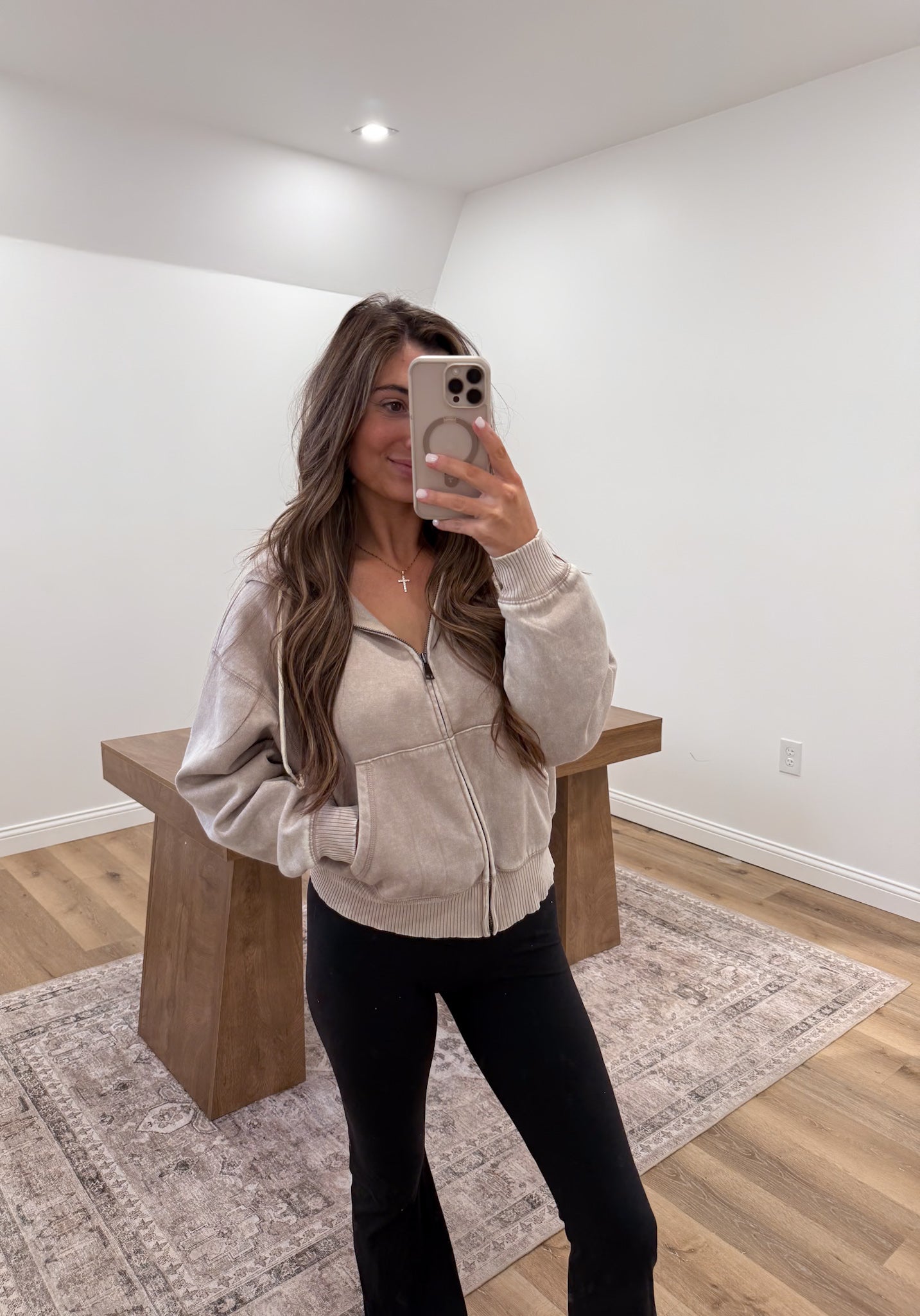 Acid Wash Fleece Cropped Zip-up Hoodie- Ash mocha