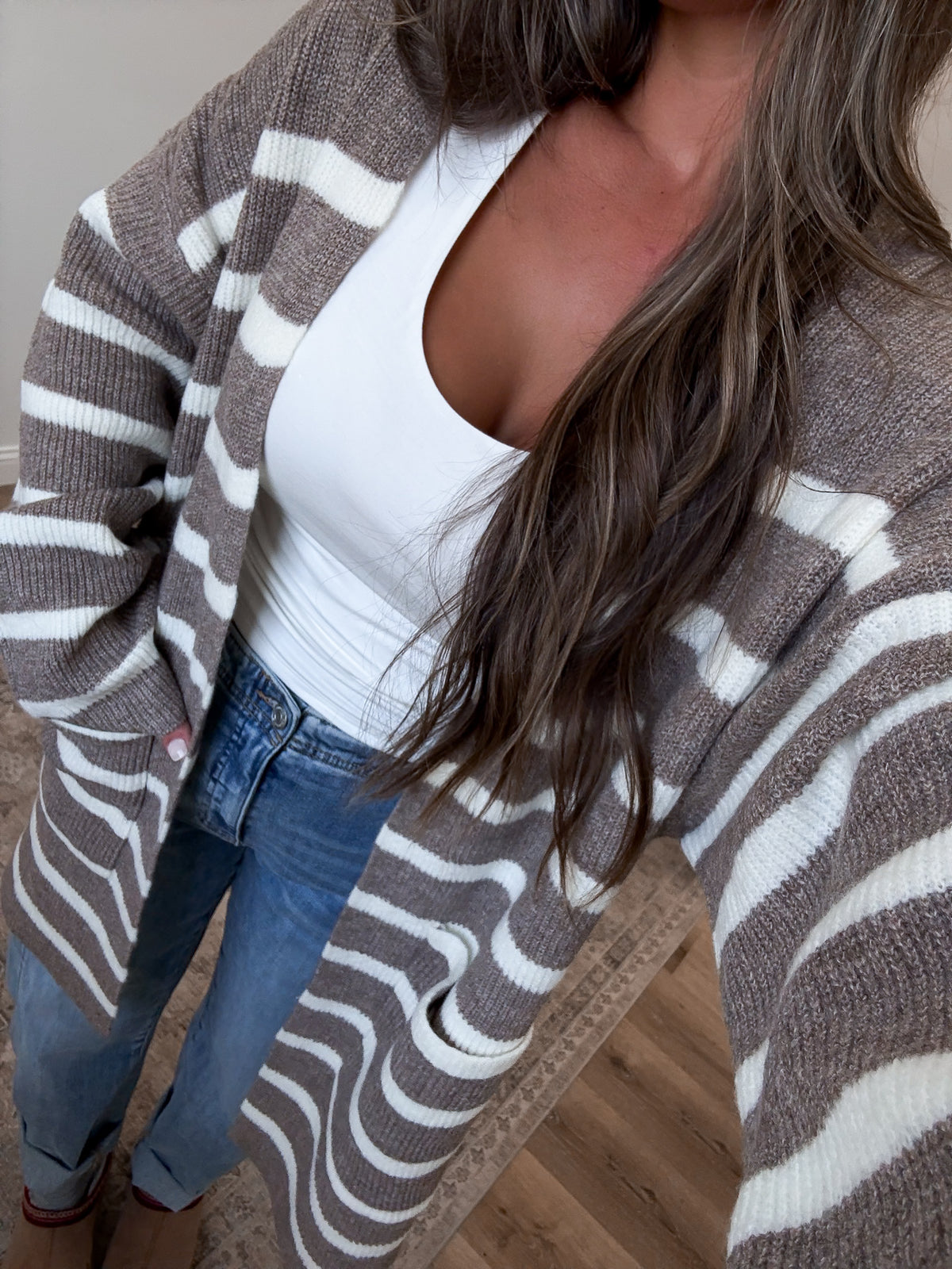 Stay In Open Front Stripe Cardigan - Dark Taupe / White Stripe