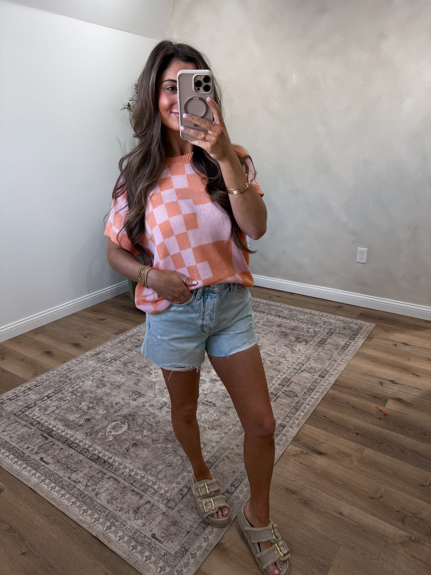 Vivid Vibes Checkered Knit Top - mango mix