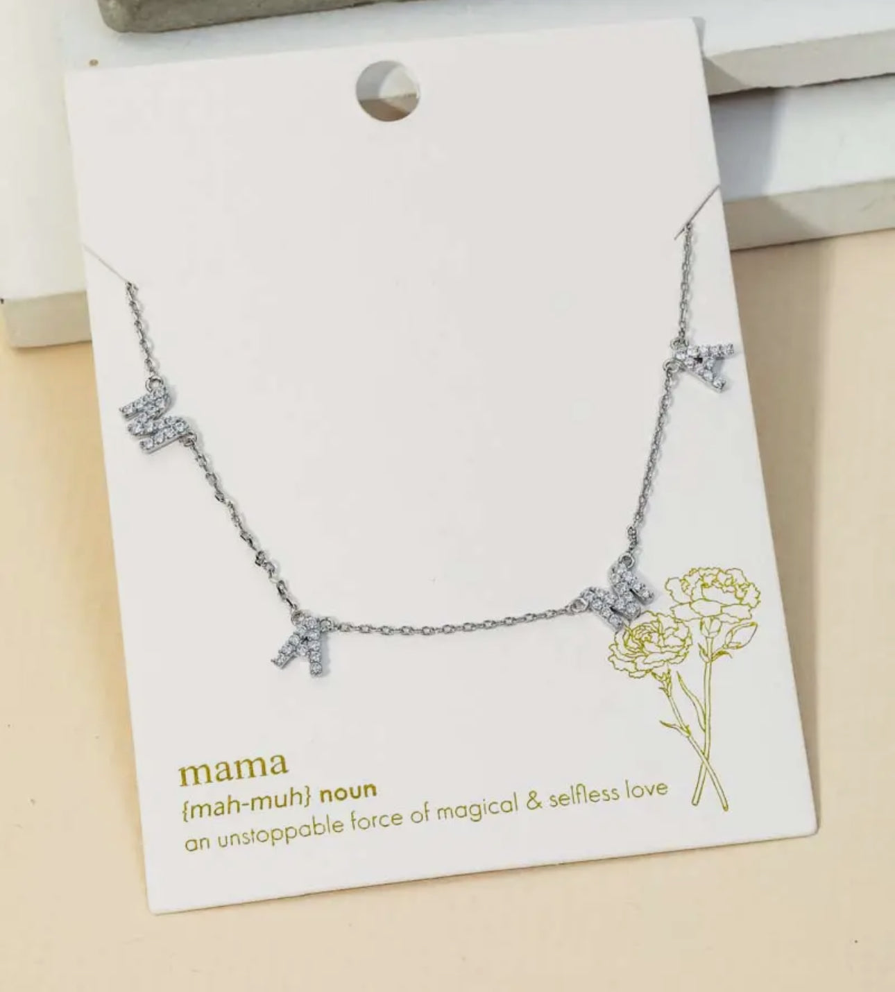 Mama Rhinestone Necklace- Silver