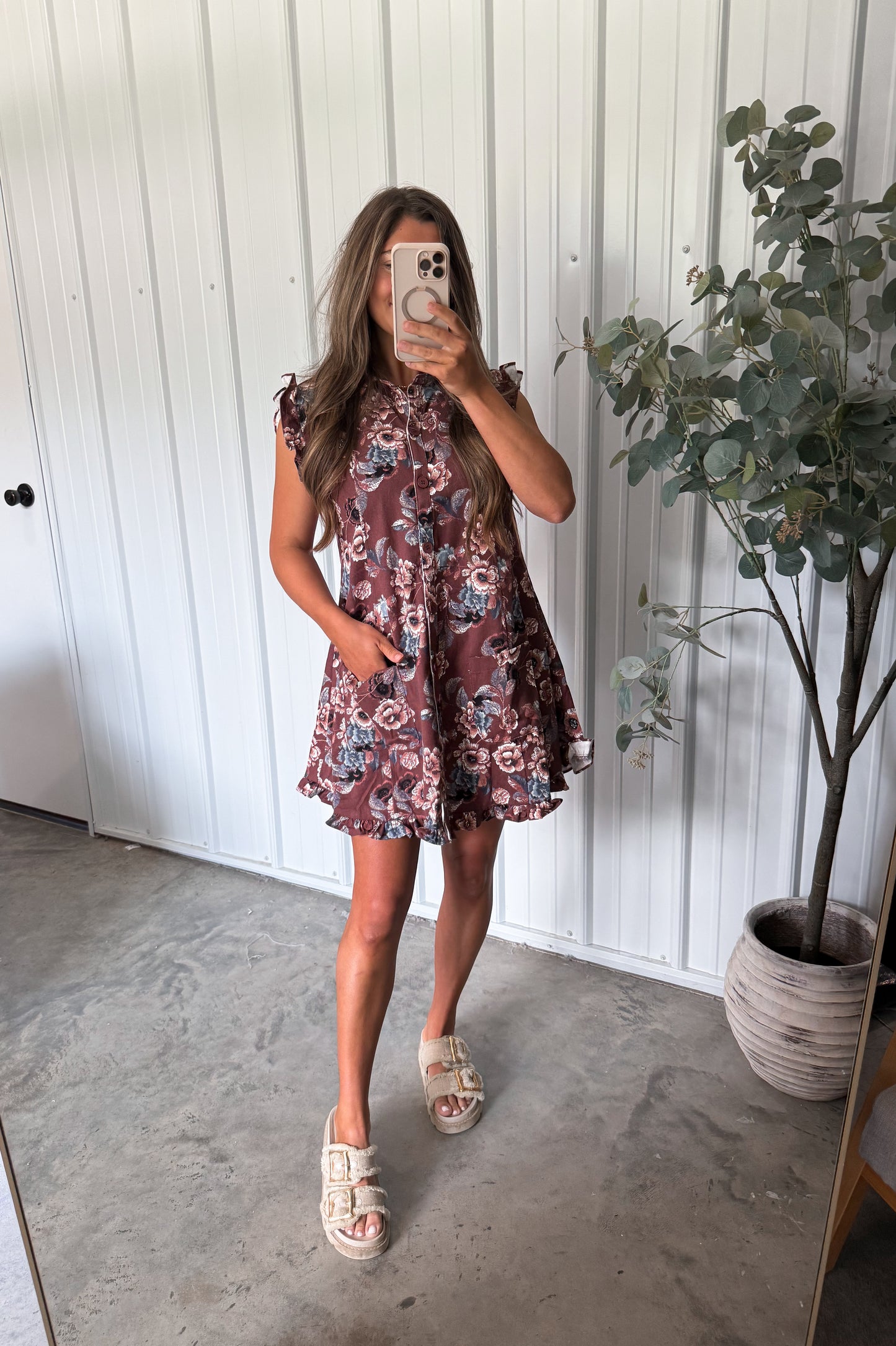 Katie Collared Ruffle Dress- Brown/cream