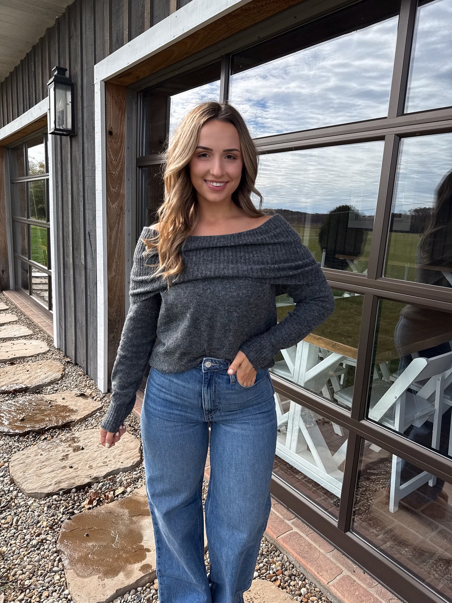 Roll Over Off The Shoulder Wool Blend Sweater- Grey