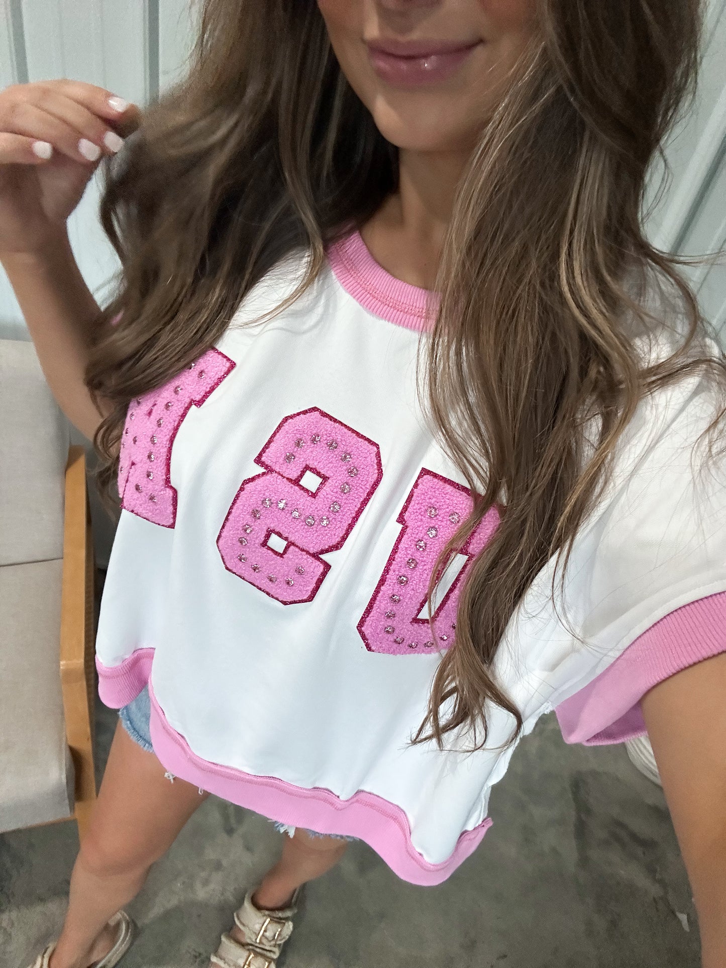 USA Varsity Patch Tee- White/PInk