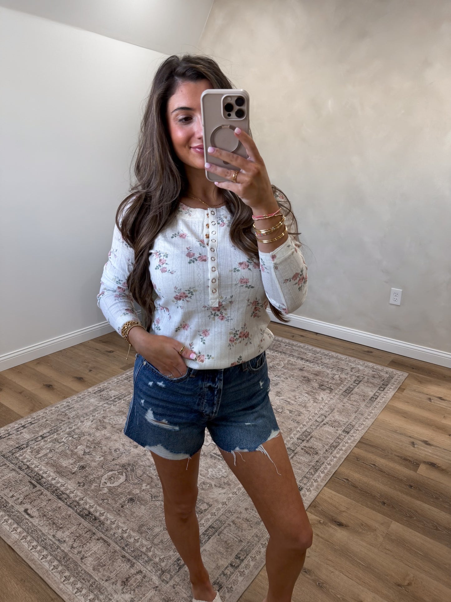 Soft Blooms Floral Henley Top - dusty rose